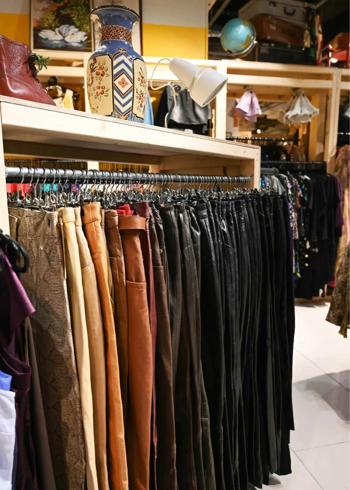 Clothing rack with various leather and fabric pants in a store, shelving with shoes and accessories, a decorative vase, and a globe in the background.