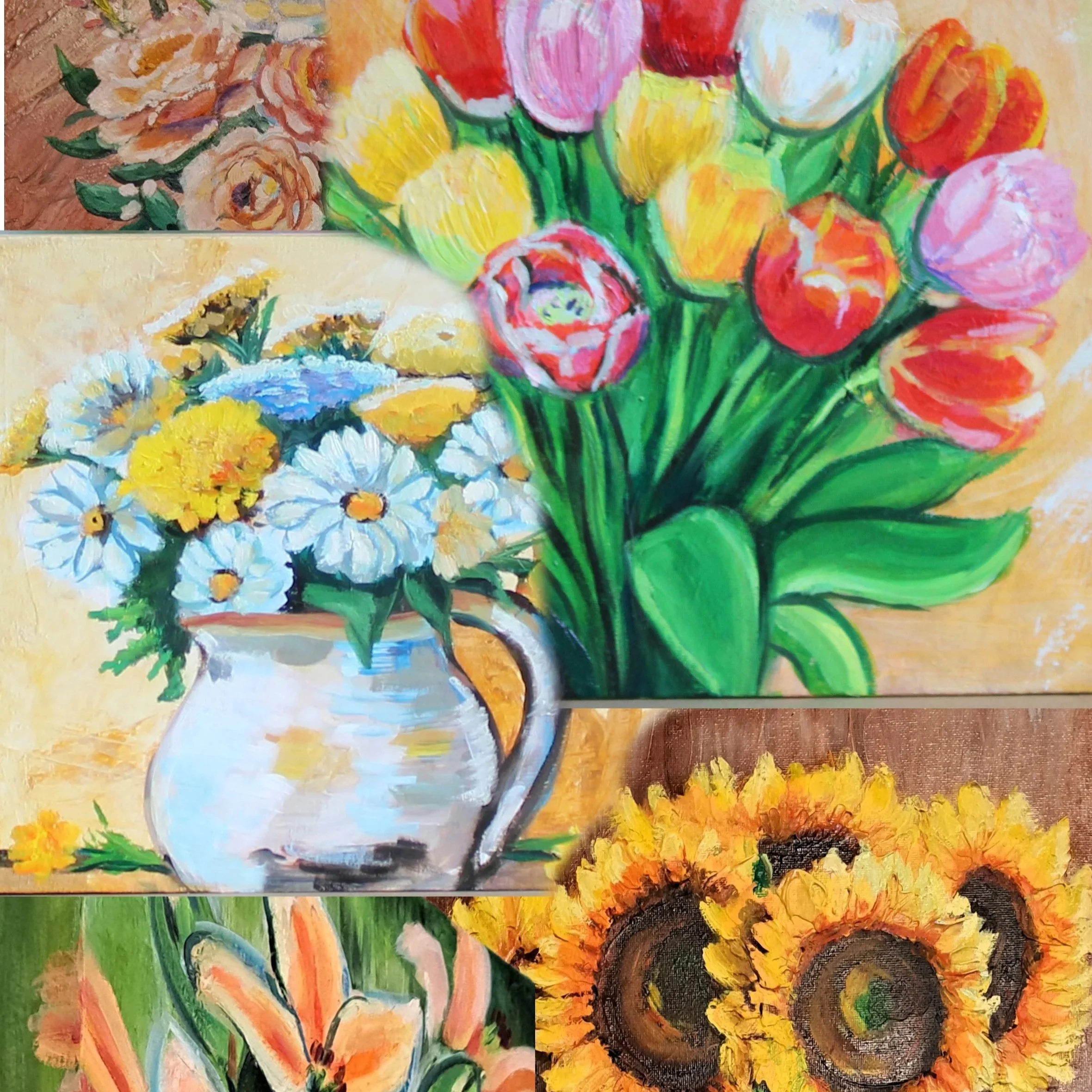 Collage of small original floral paintings and studies by Nella Hajdu, featuring colorful flowers and bouquets in vases.