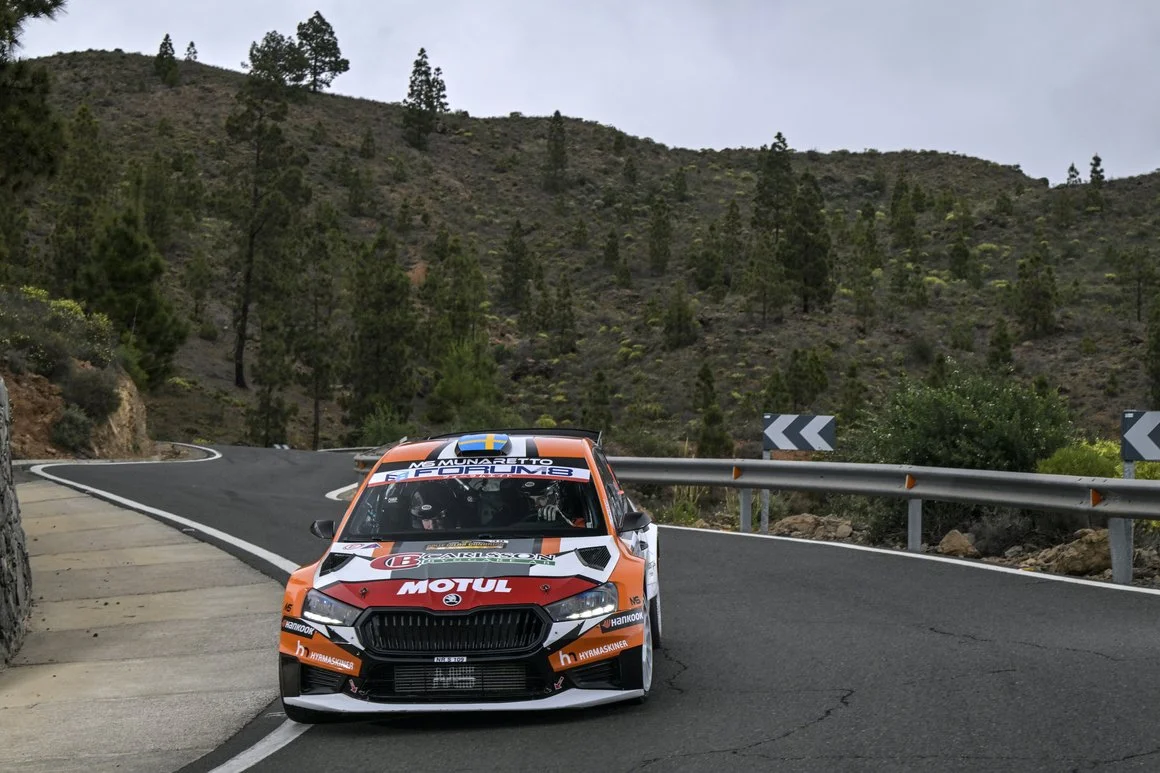 A racing car navigating a winding mountain road during a rally race.