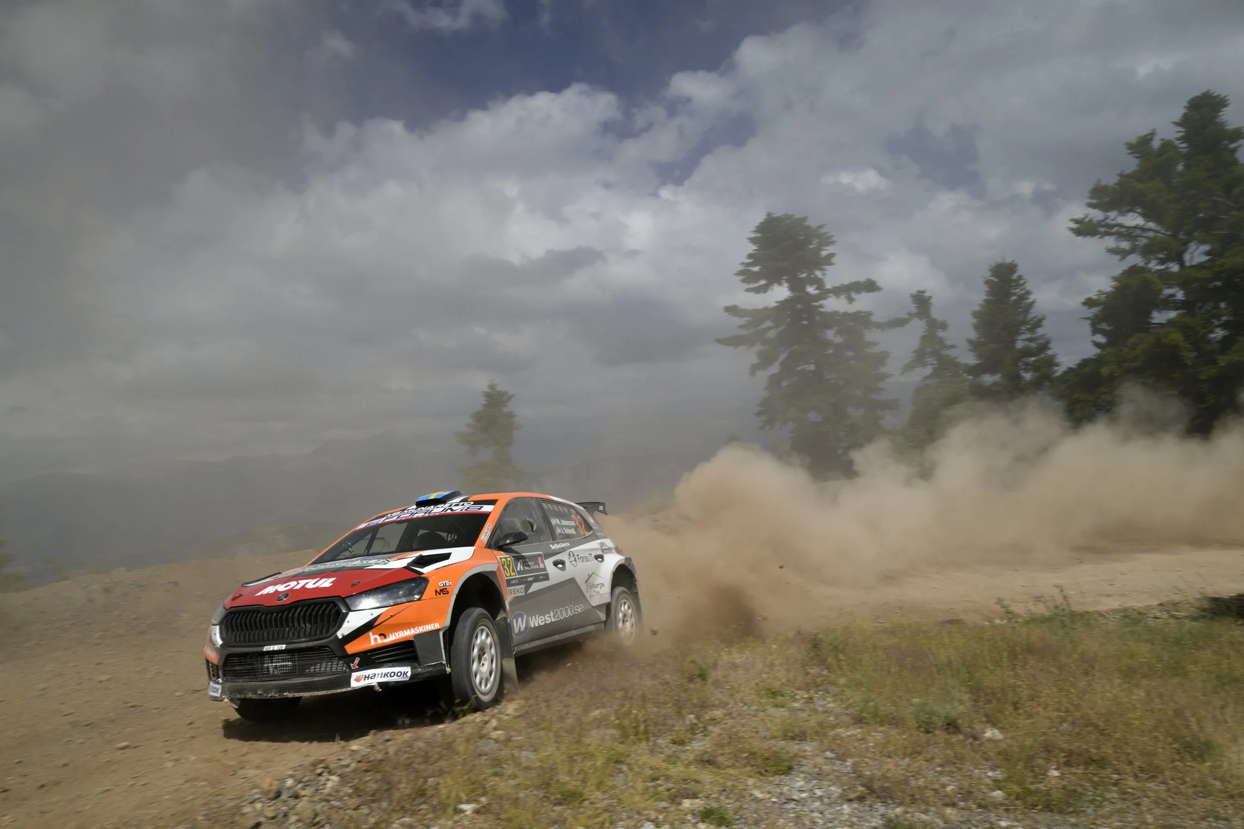 A rally car driving on a dirt road, kicking up dust with a background of cloudy sky and tall trees.