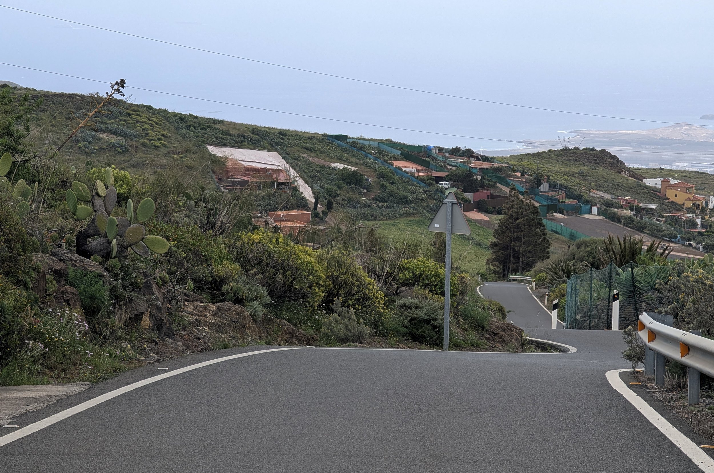 A winding road with white lane markings and guardrails curves through a hilly landscape with green vegetation, cactus, and houses, overlooking the ocean in the distance under a cloudy sky.