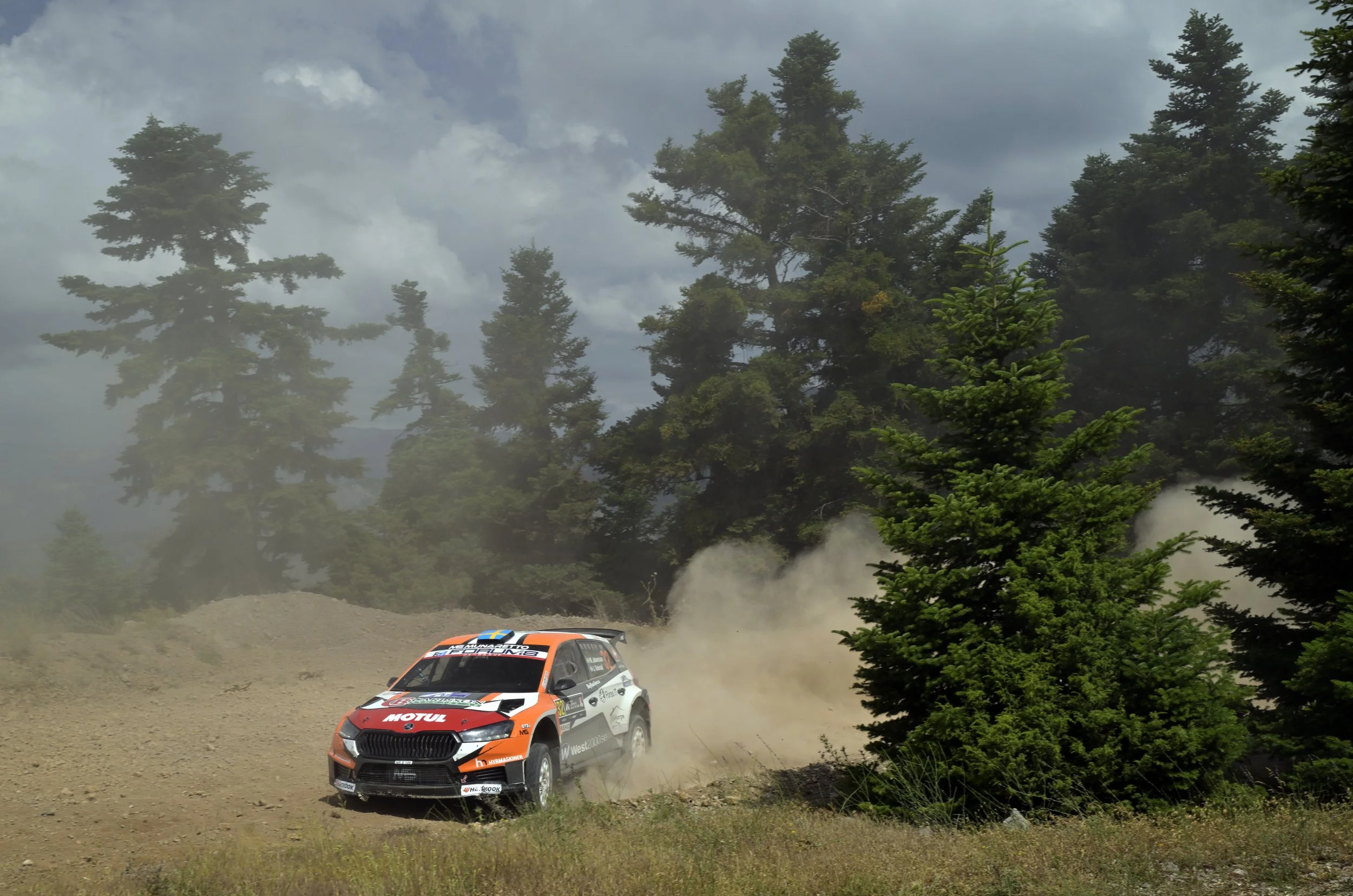 A rally car racing on a dirt track through a forested landscape, kicking up dust behind it, with tall pine trees and a partly cloudy sky in the background.