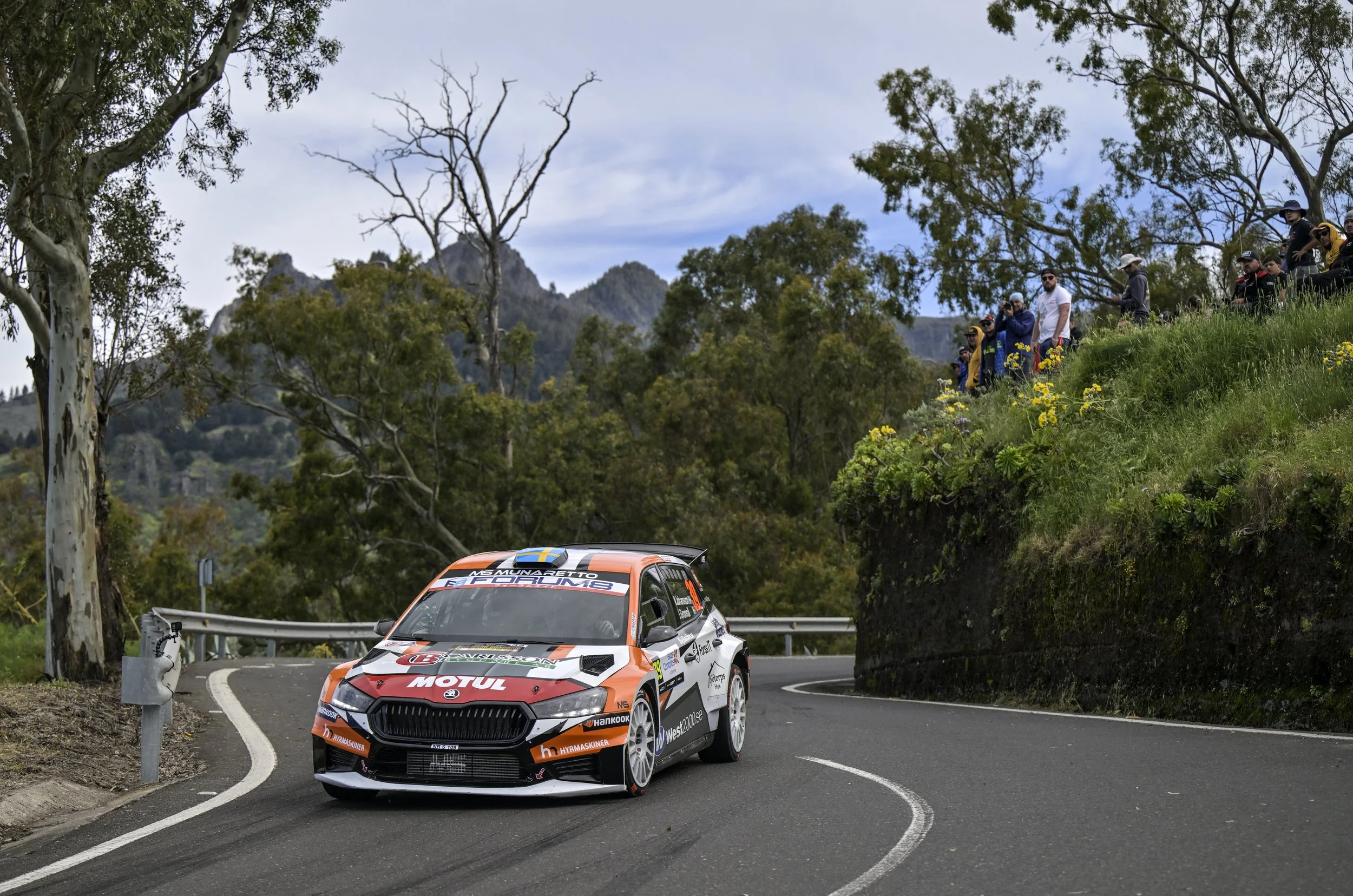 A rally car speeds around a sharp turn on a mountain road lined with trees and spectators, with mountainous terrain in the background.