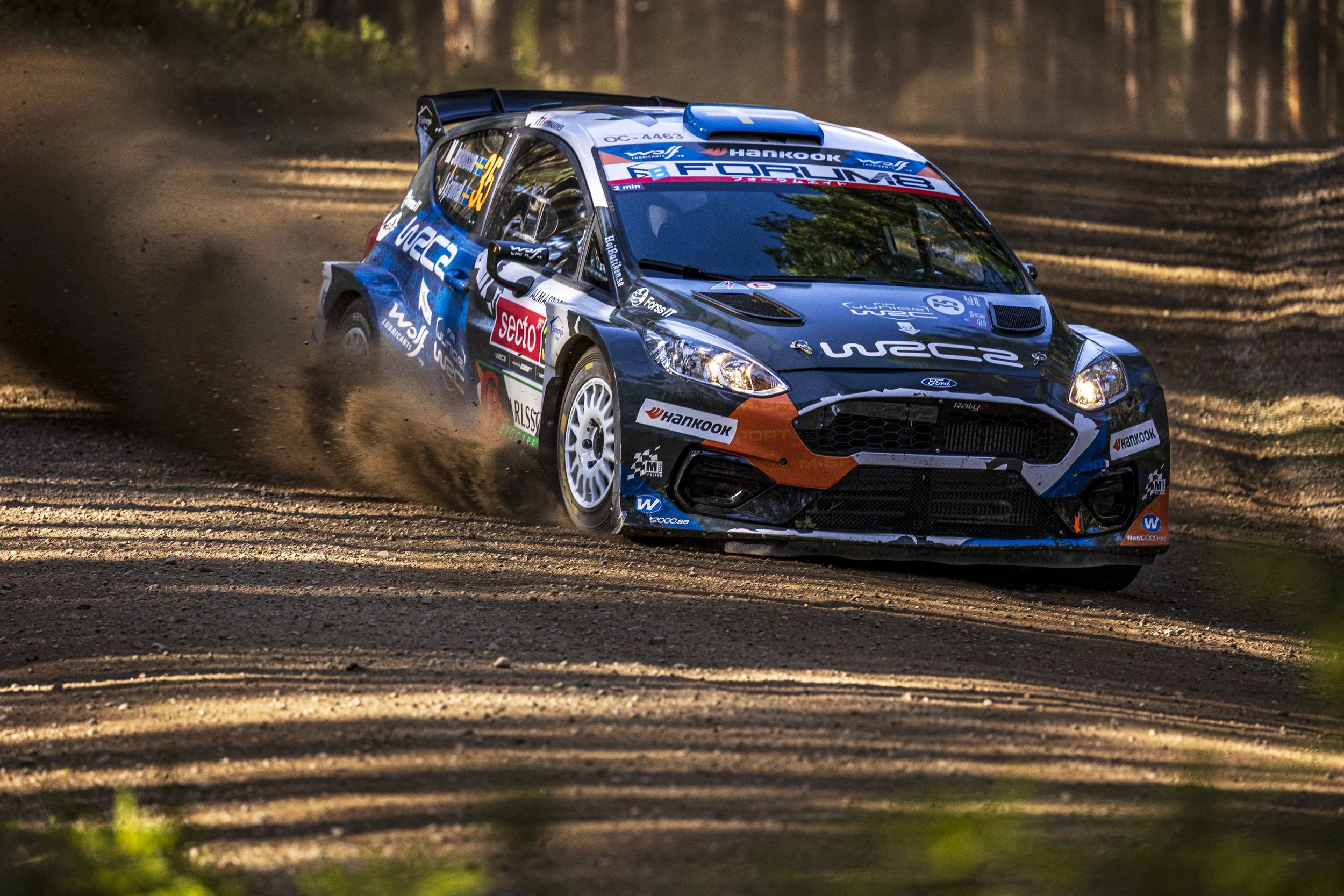 A rally car racing on a dirt forest trail, kicking up dust and dirt behind it.