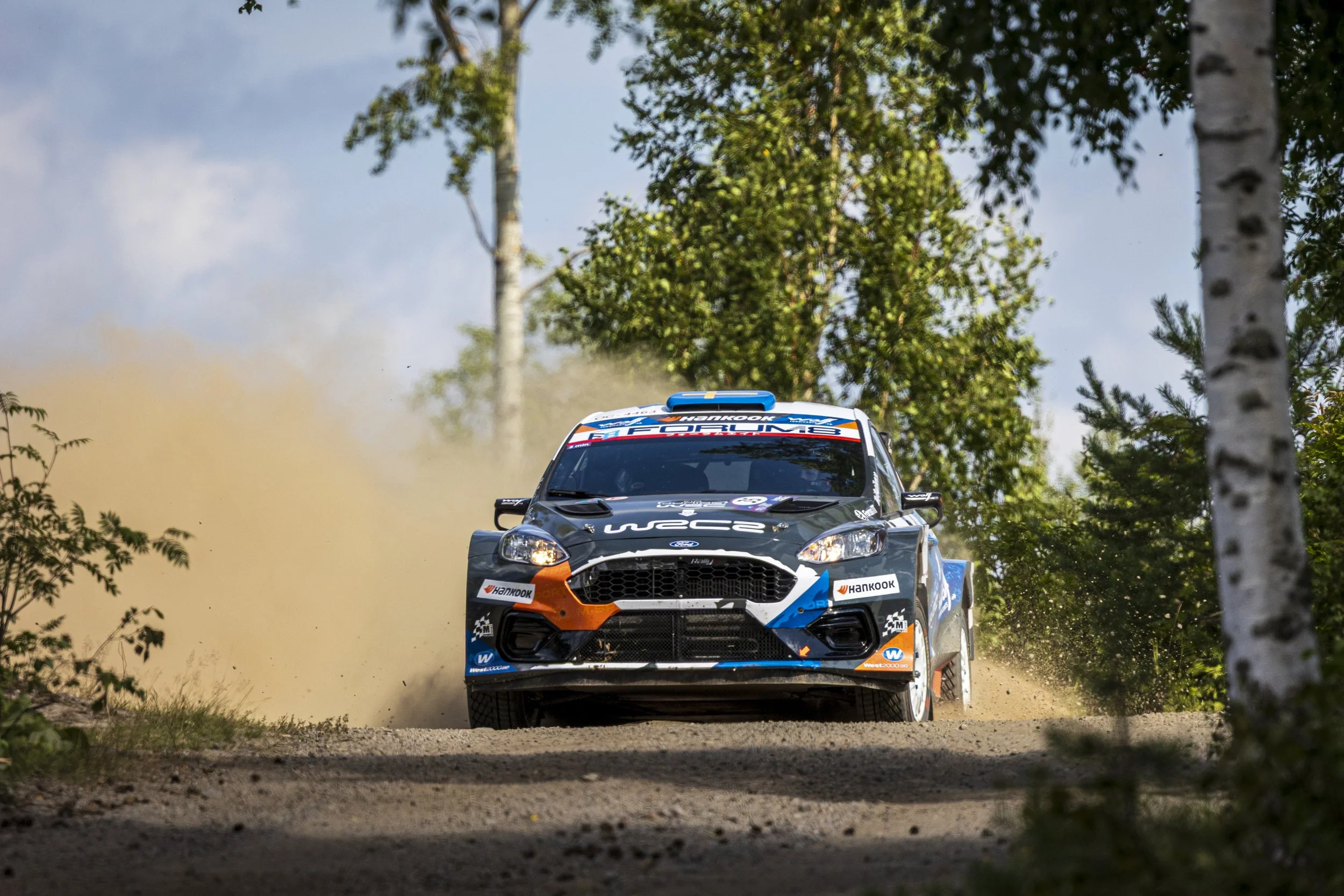 A rally car speeding on a dirt track in a forest, kicking up dust, with trees and greenery surrounding the scene.