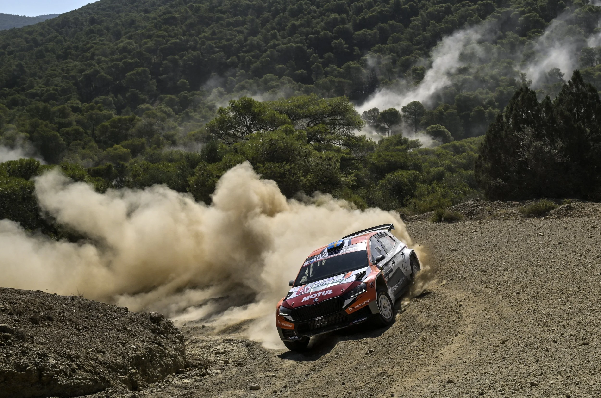 A rally car speeding on a dirt road surrounded by dust and smoke, with a forested mountain landscape in the background.