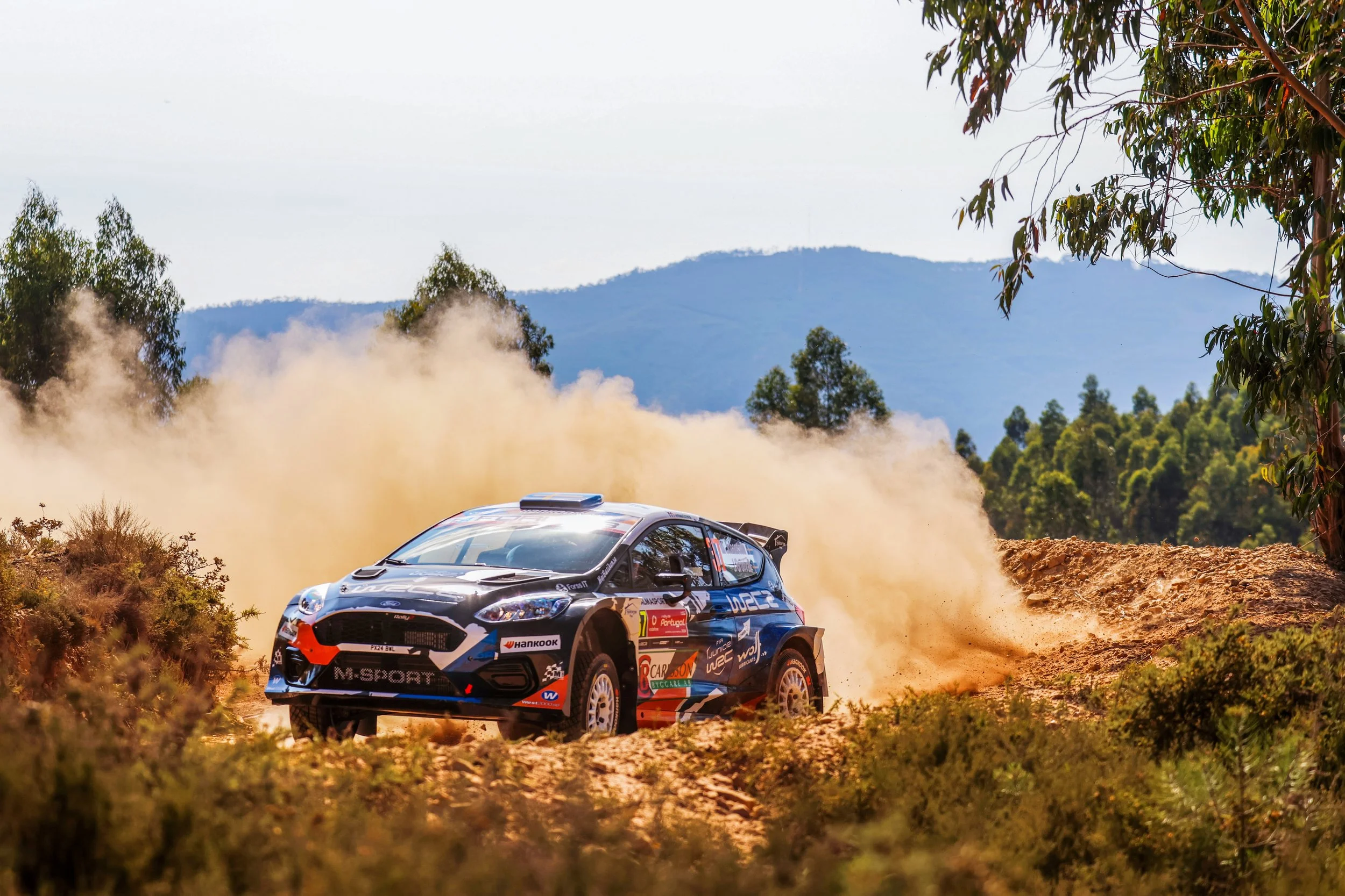 A rally car speeding on a dirt road, kicking up dust, amidst a rural landscape with trees and distant mountains, during daytime.