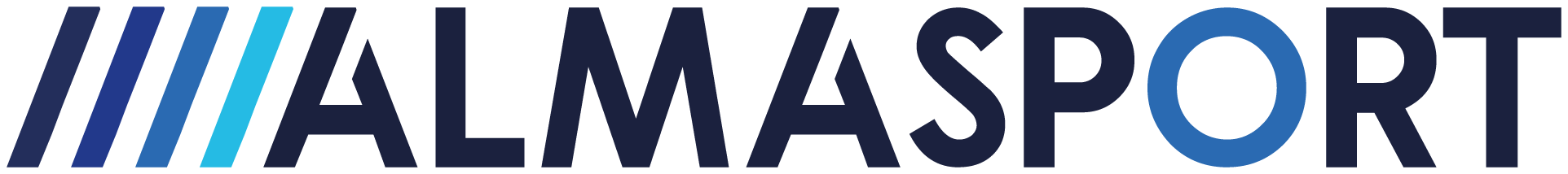 Logo of ALMASPORT with stylized blue and black text and diagonal stripes.