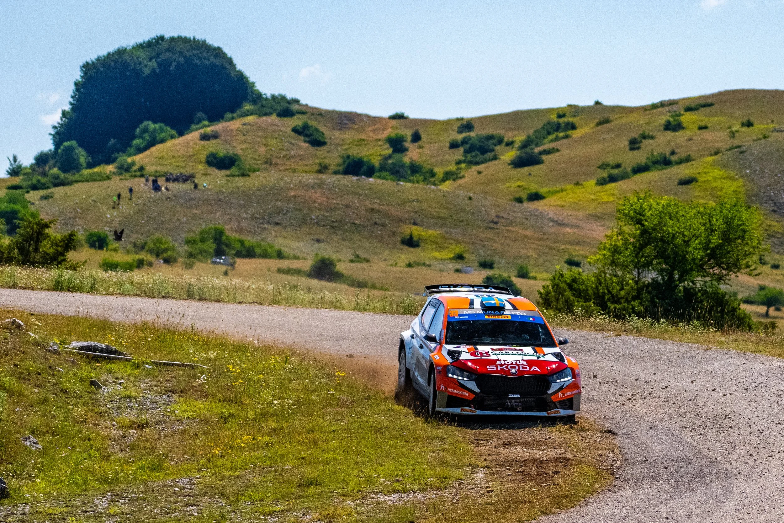 A rally car speeds along a dirt track in a rural area with green hills and scattered trees.