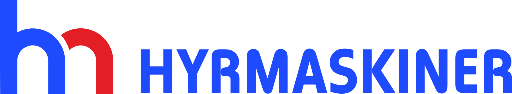 Logo with a blue and red letter 'h' followed by the word 'HYRMASKINER' in blue.