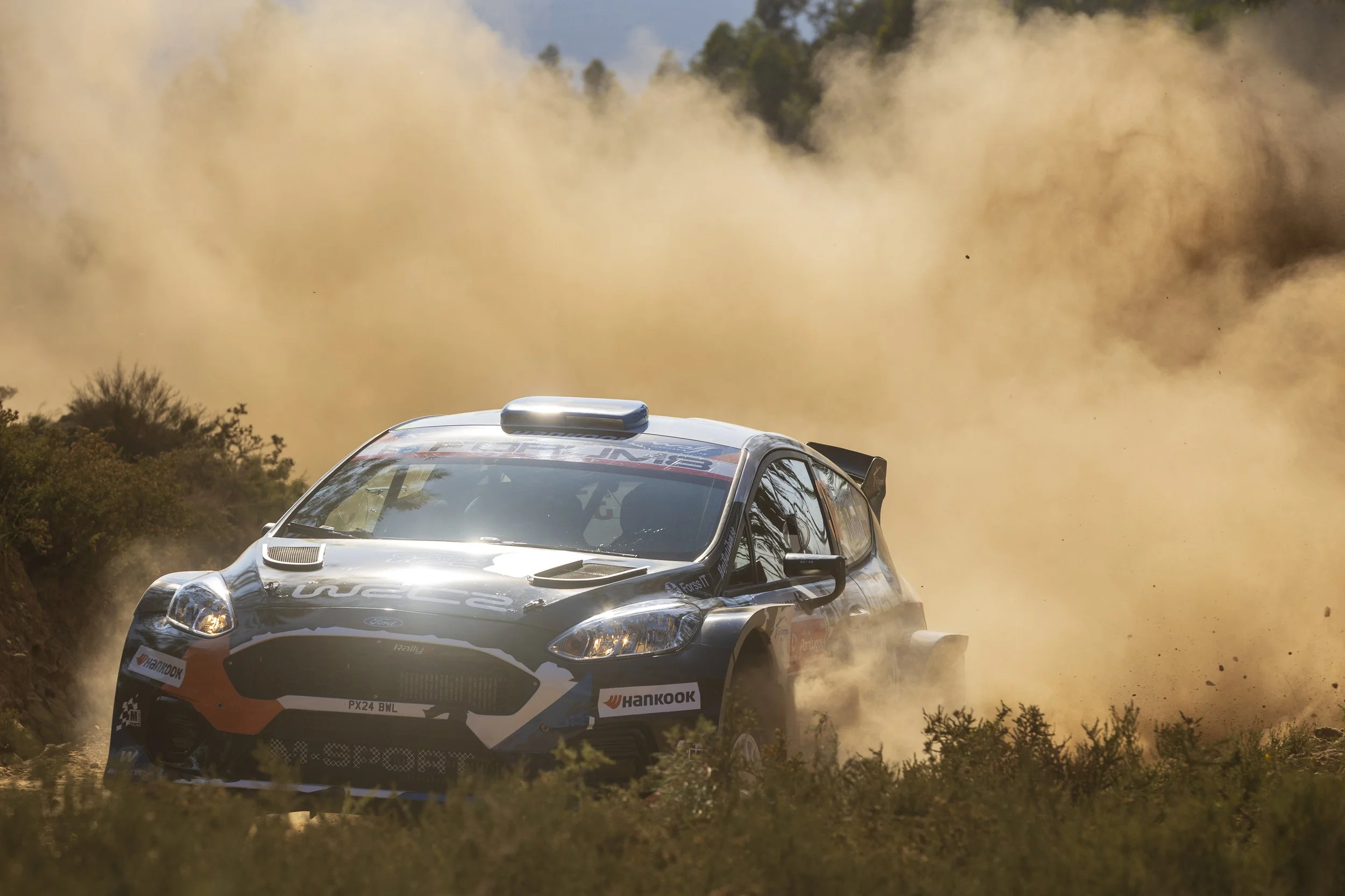 A rally car speeding on a dirt trail, kicking up a large cloud of dust, with greenery in the background.