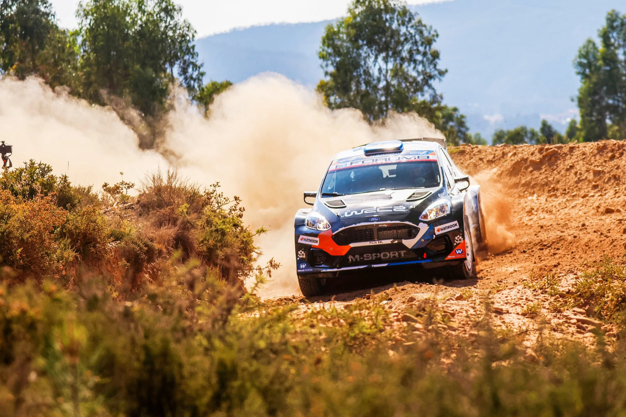 A rally car racing on a dirt track, kicking up dust, surrounded by trees and distant mountains.