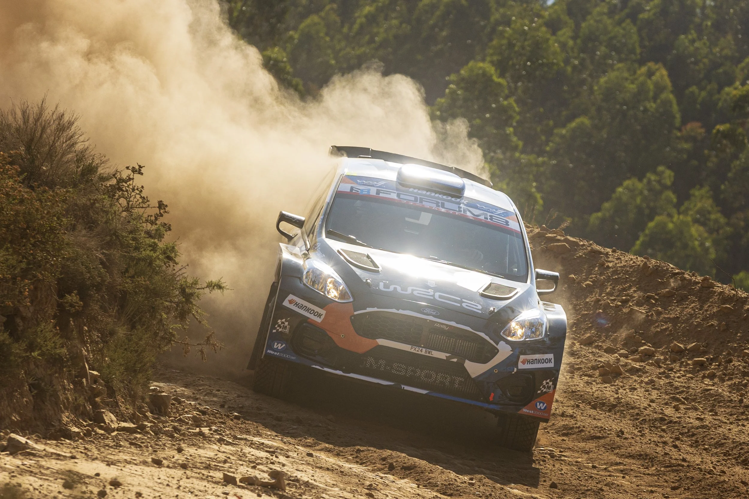 A rally car driving on a dirt road, kicking up dust, surrounded by green trees.
