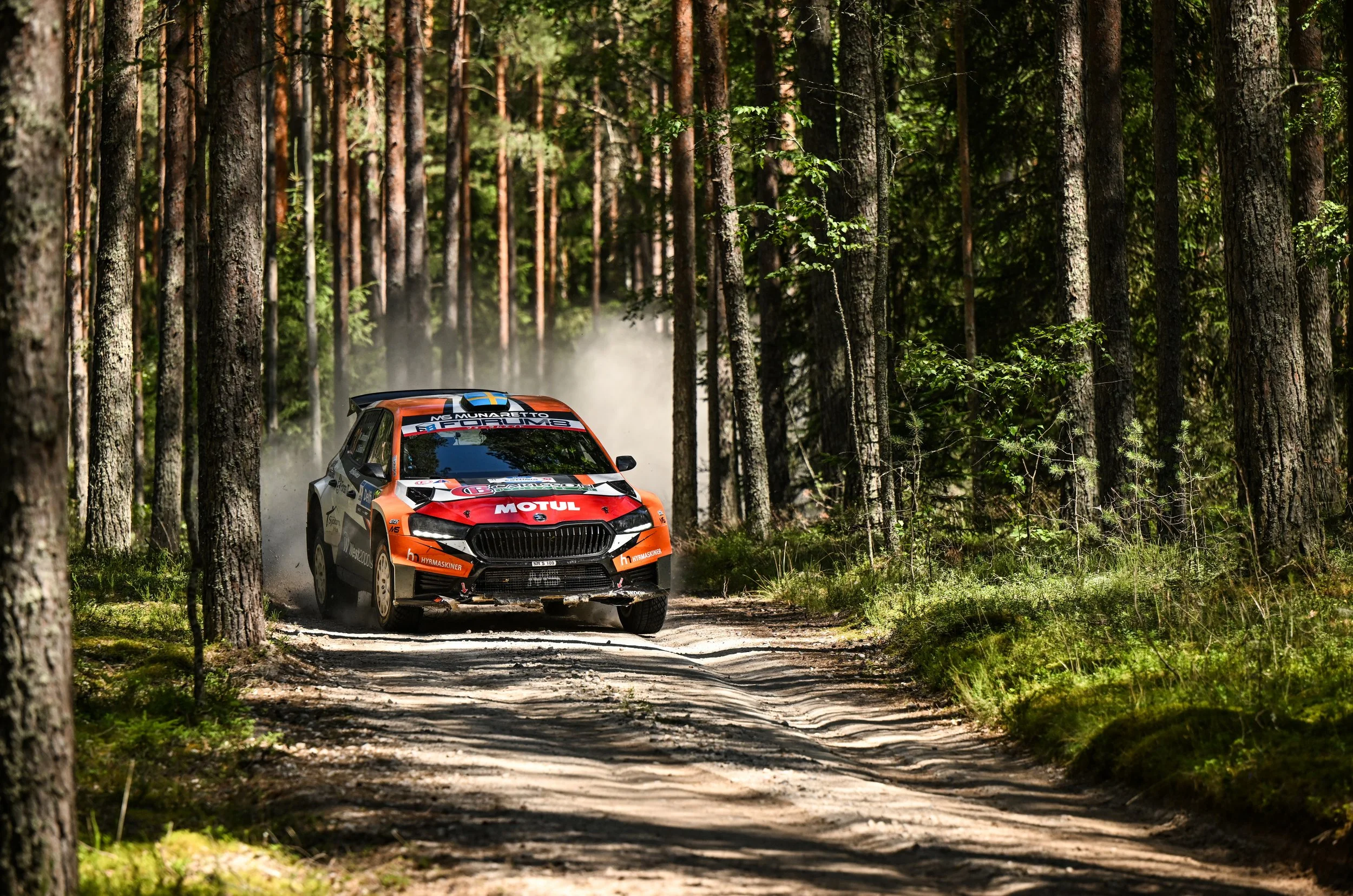 A rally car racing through a forest dirt road with tall trees and green foliage, kicking up dust behind it.