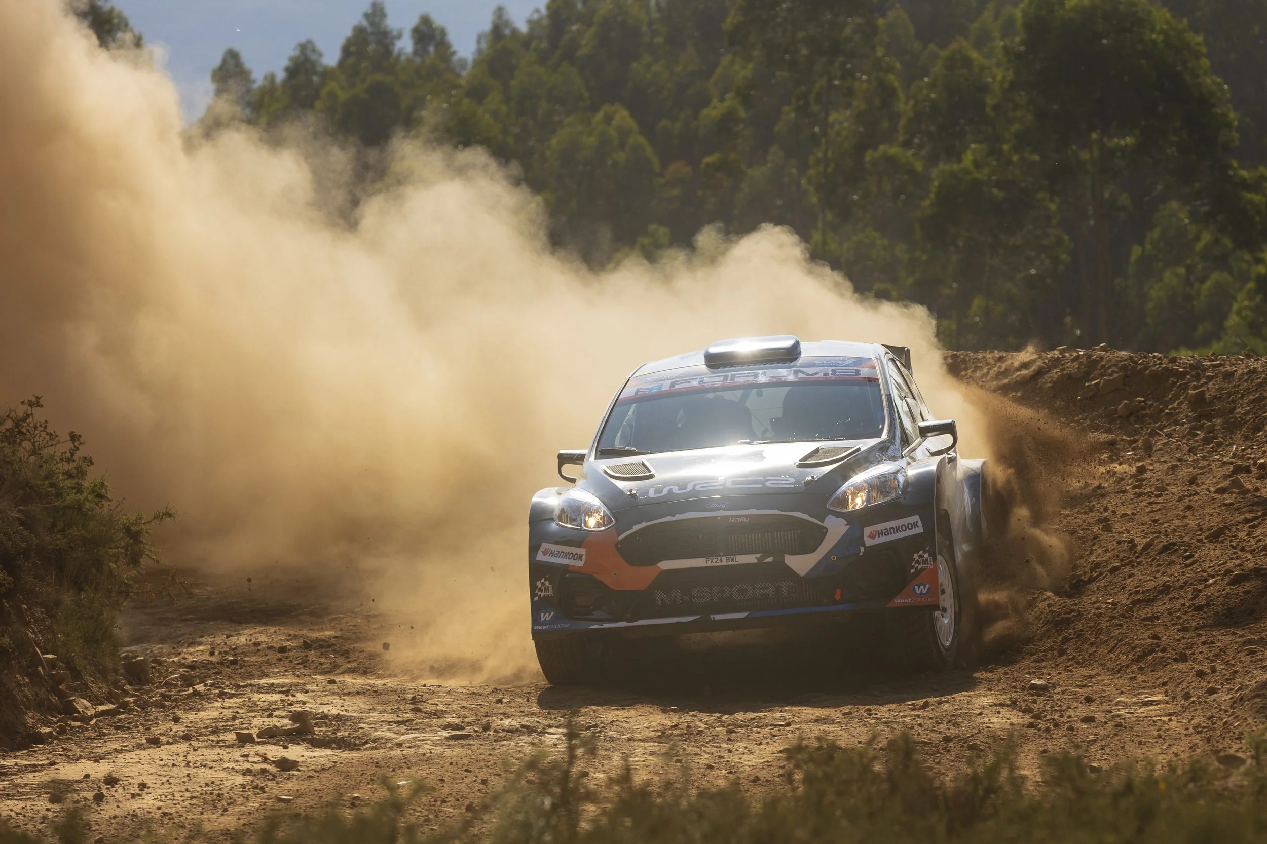 A race car driving on a dirt road during a rally race, kicking up dust with a forested background.