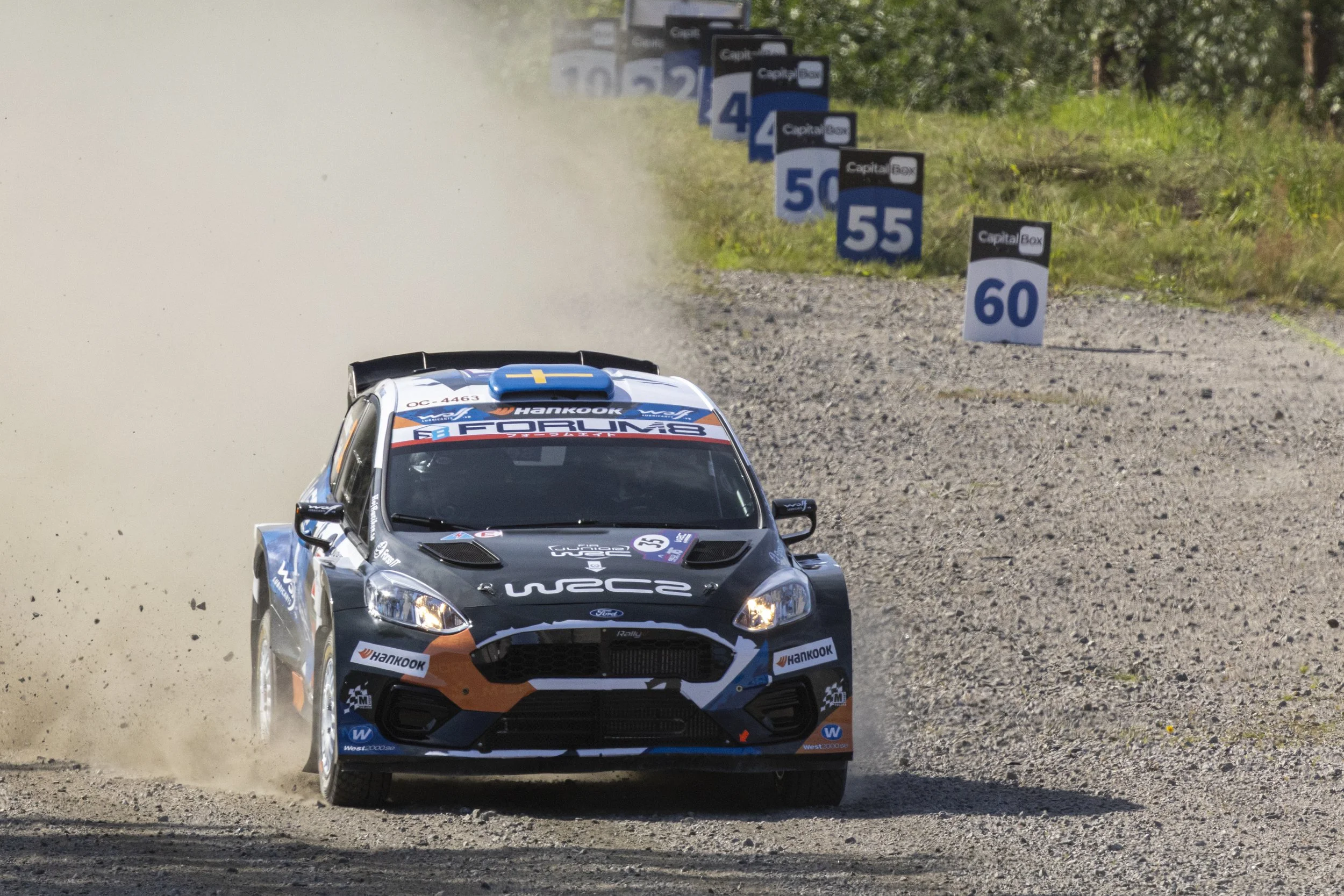 A rally car speeding on a dirt road, kicking up dust, alongside a row of numbered signs with the labels 55 and 60, surrounded by green trees and grass in a forested area.