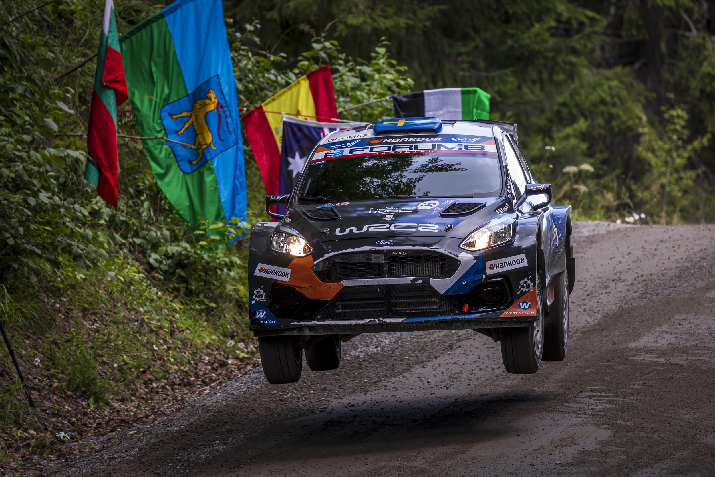 A rally car flying through the air on a dirt road during a race, with colorful flags, including a blue flag with a yellow lion, lining the roadside, surrounded by green trees.