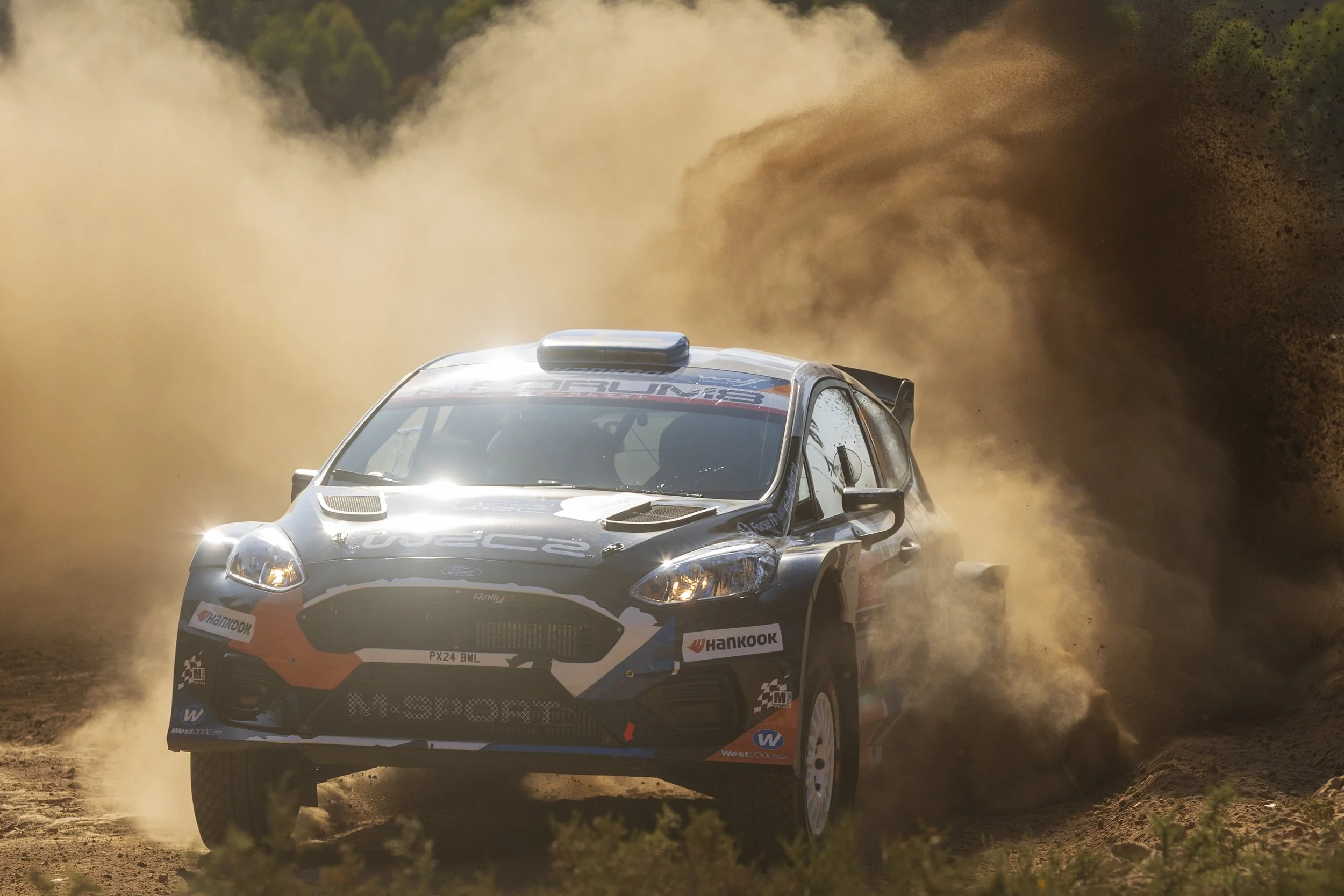 A rally car racing on a dirt track kicking up dust, with a forested background, during a motorsport event.