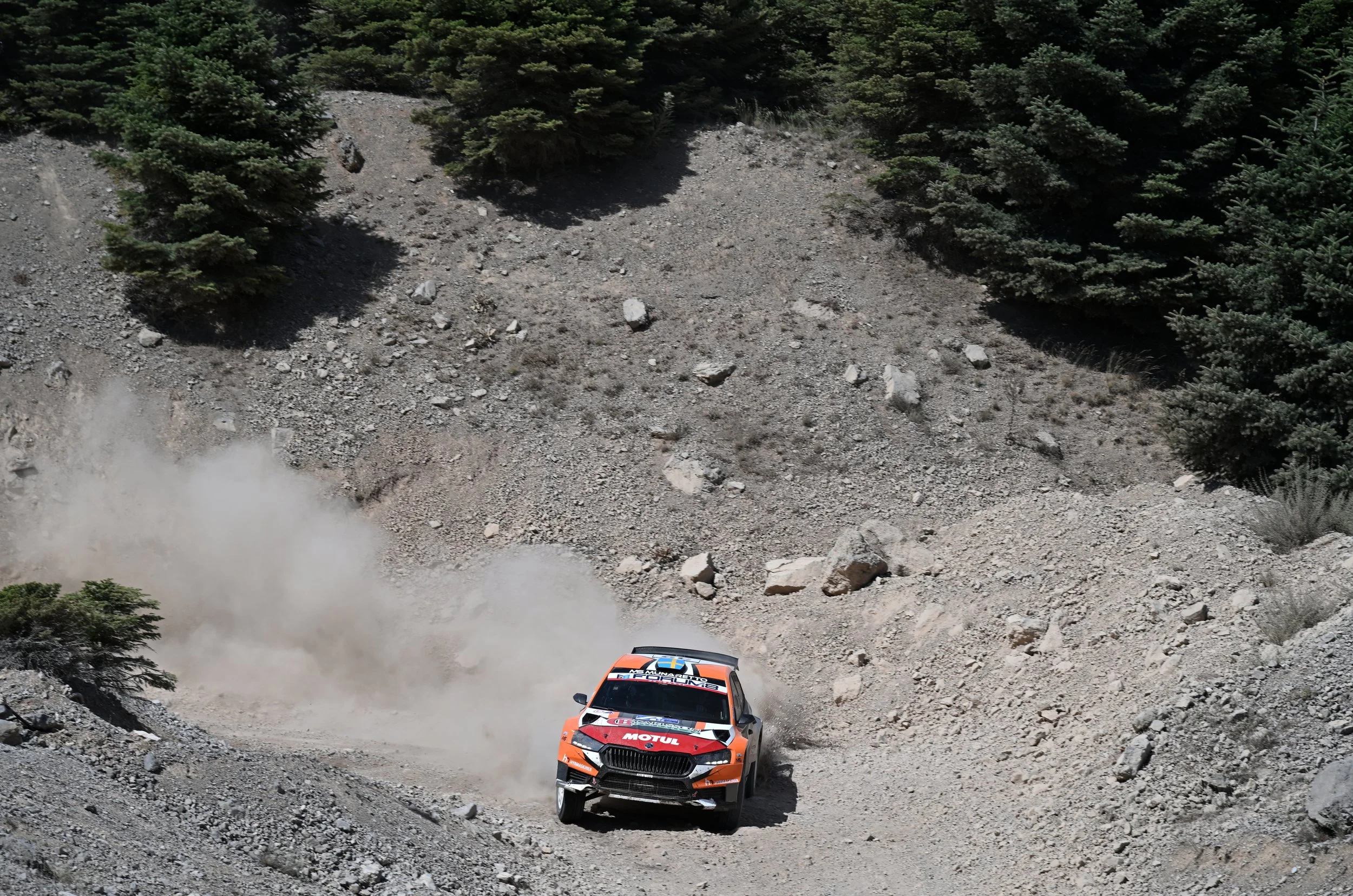 Rally car racing on a dusty, rocky mountain dirt road surrounded by green pine trees.