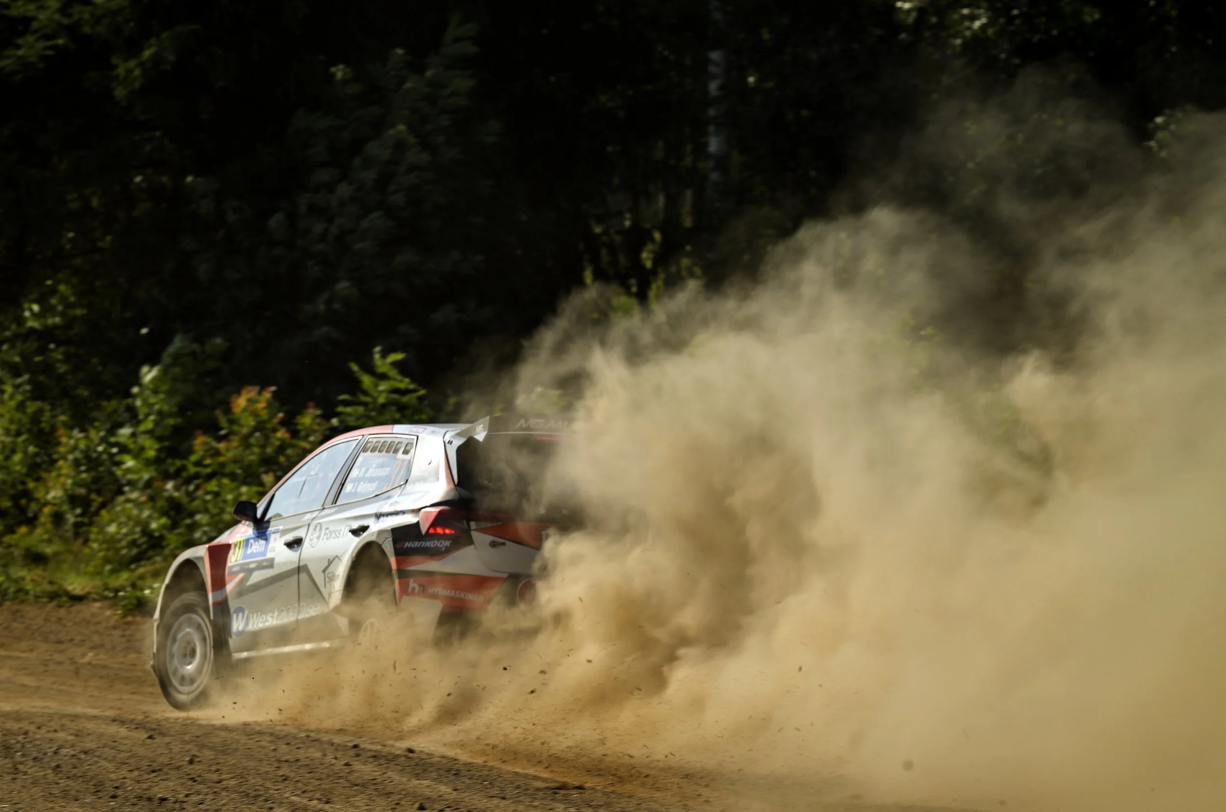 A rally car speeding on a dirt track, kicking up dust, surrounded by green foliage.