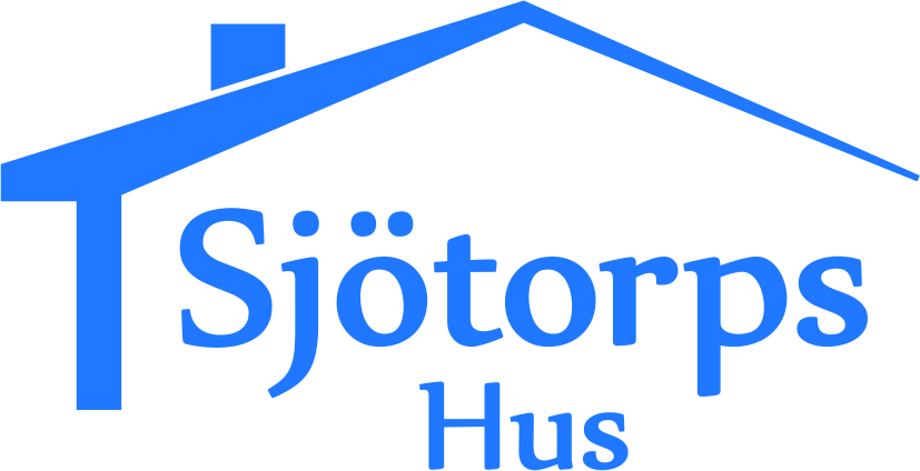 Logo for Sjötorps Hus, featuring a stylized blue house with a gabled roof and the company name in blue text.