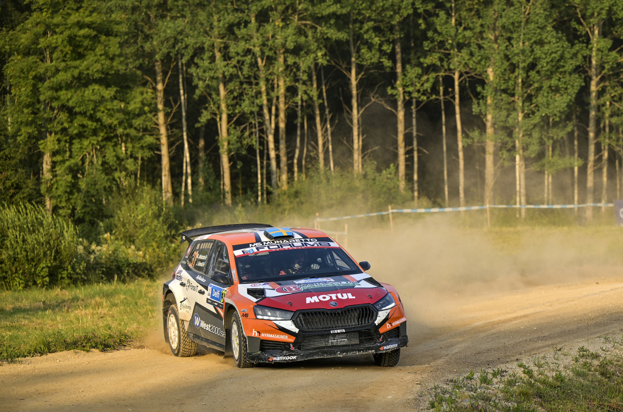 A rally car speeding on a dirt track, kicking up dust, with a lush green forest background.