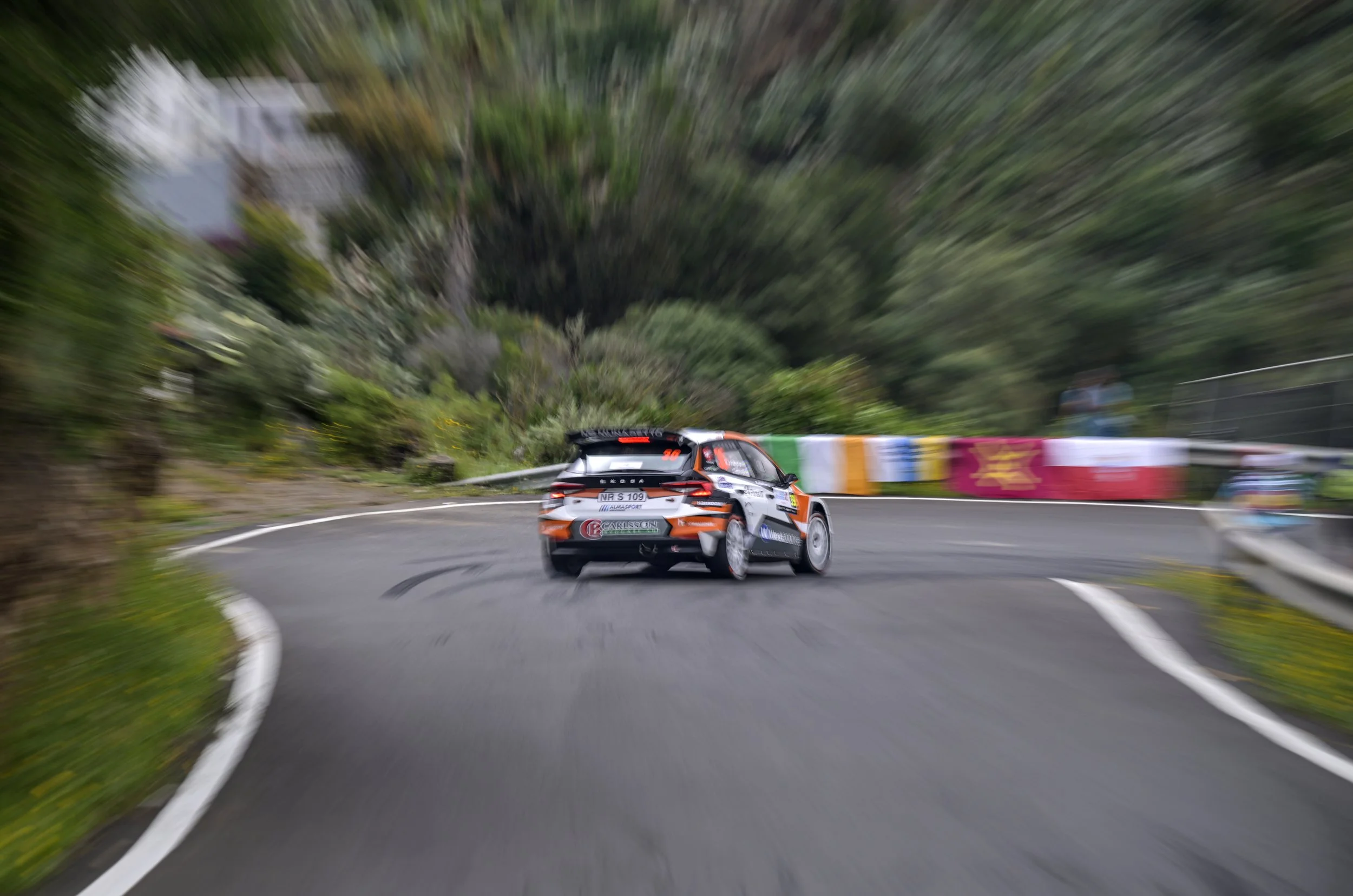 A rally car racing on a winding mountain road surrounded by greenery, with motion blur indicating high speed.
