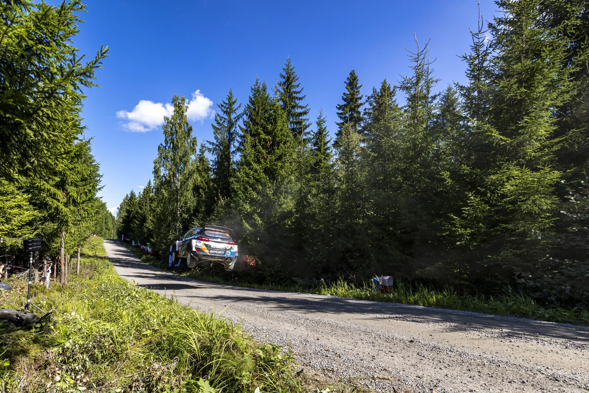 A rally car flying through the air on a dirt road surrounded by tall green pine trees on a sunny day.