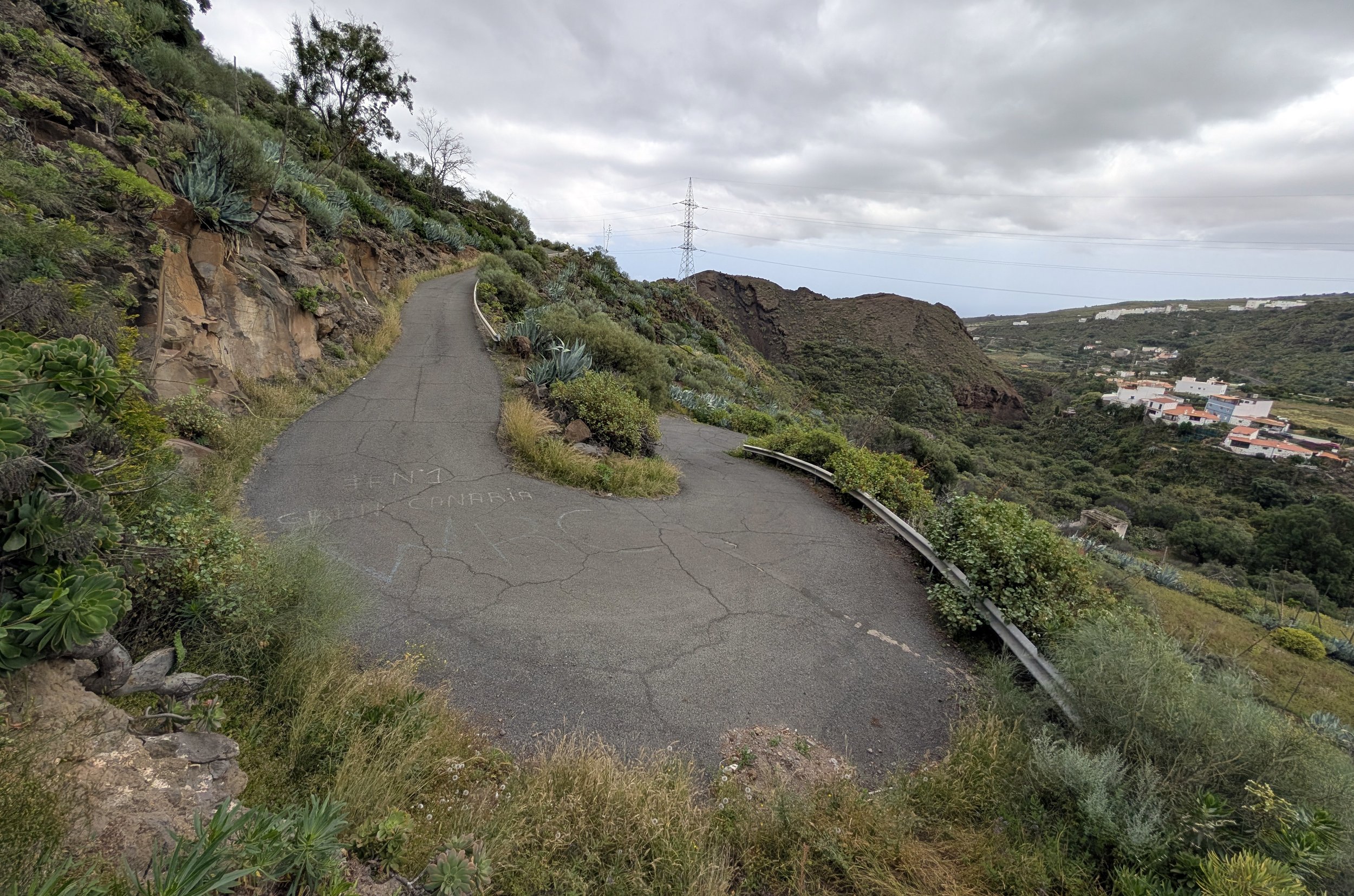 A narrow roadside trail on a hillside with vegetation, overlooks a residential area in the distance under a cloudy sky.