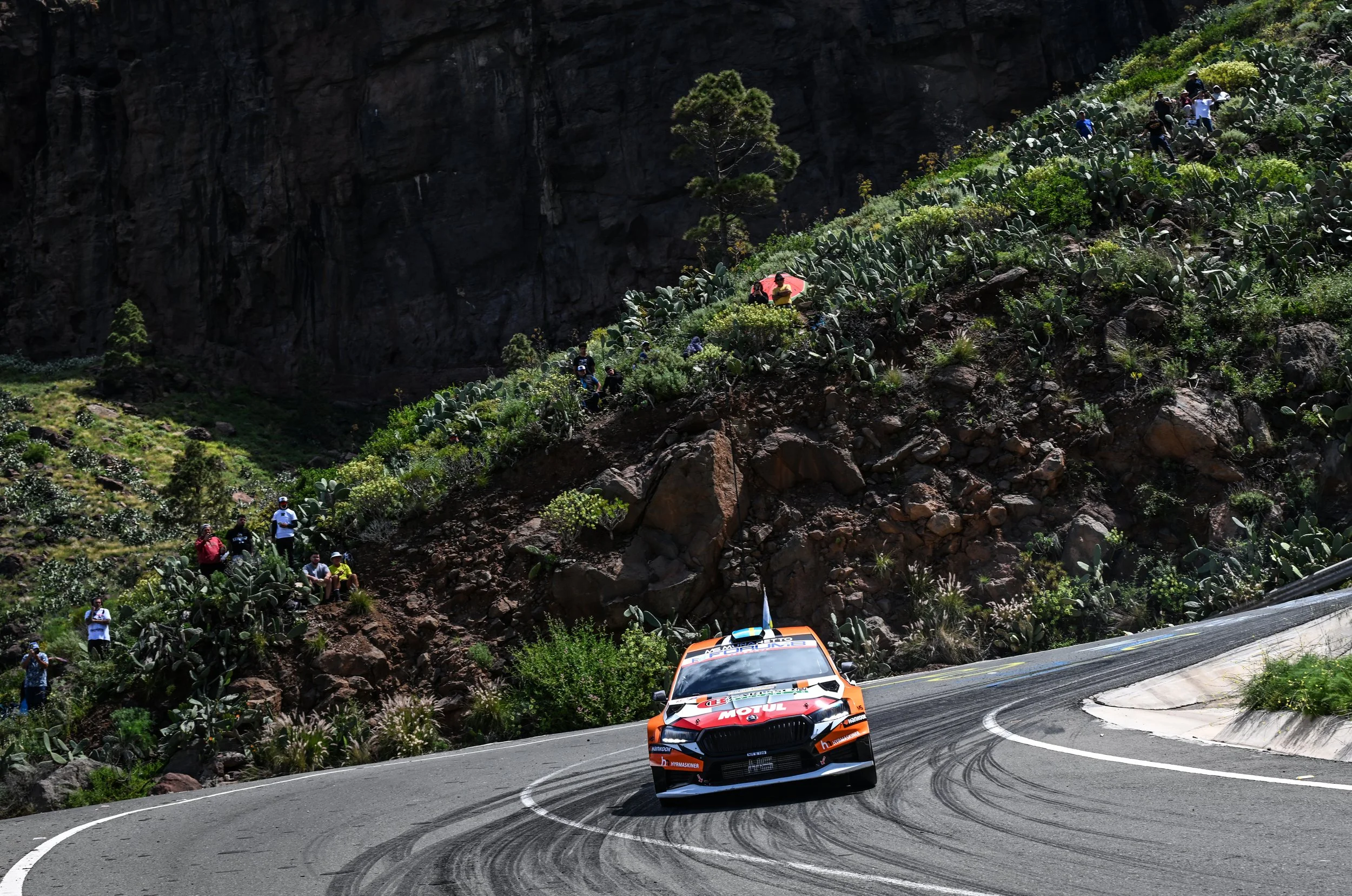 Rally car racing on a winding mountain road with spectators watching from the hillside covered in cacti.