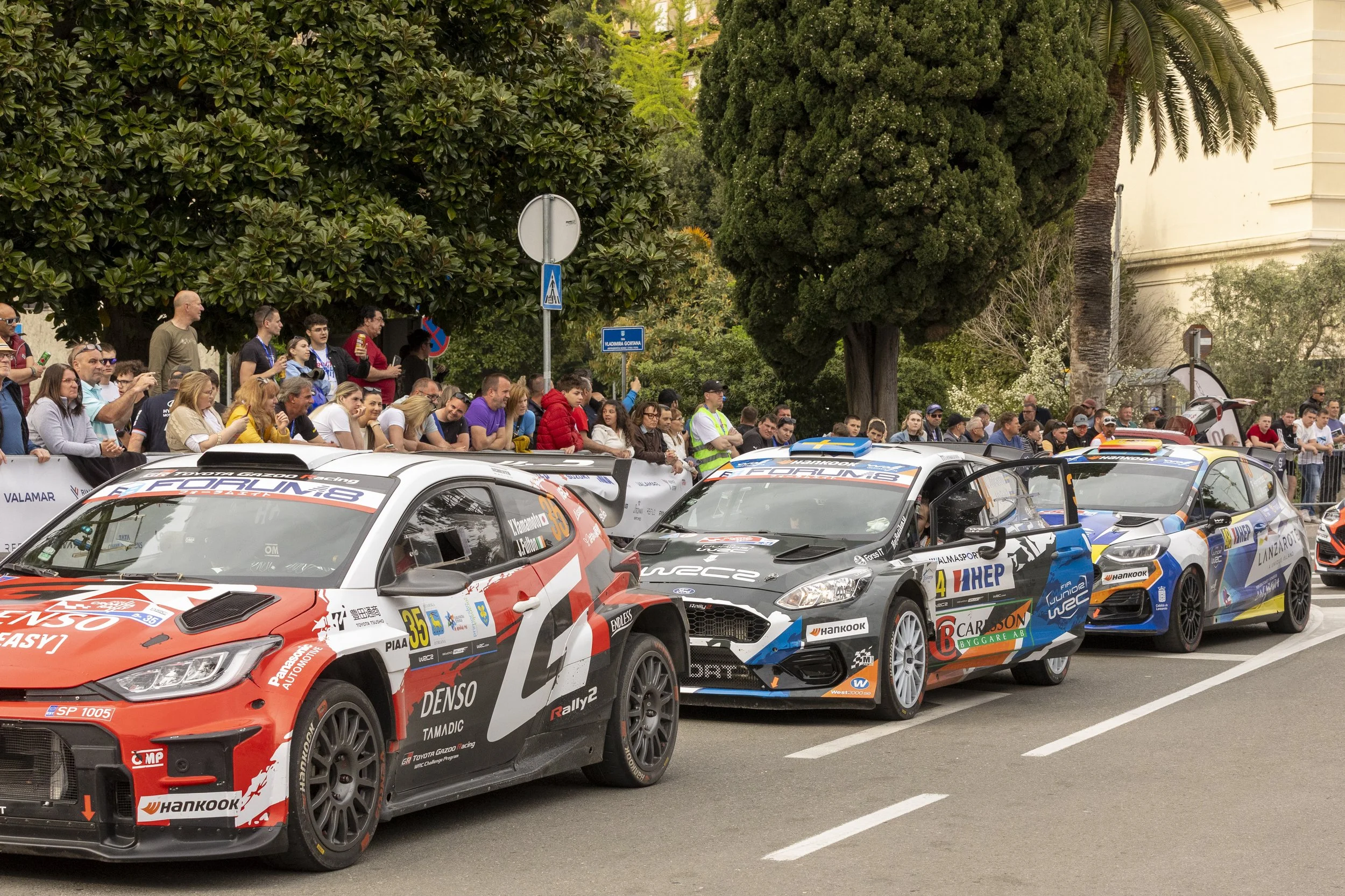 A lineup of rally cars parked on a city street with a crowd of spectators behind the barriers, surrounded by trees and buildings.