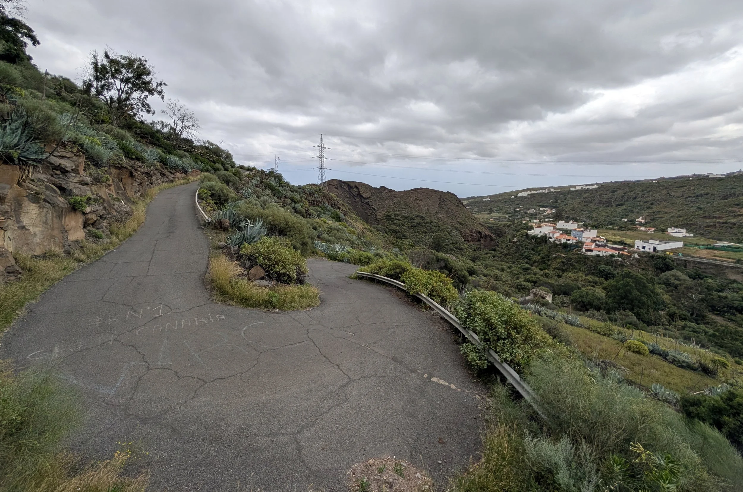 A narrow, winding mountain road with cracks, bordered by vegetation and succulents on the left, leads towards a hillside with houses and a cloudy sky overhead.