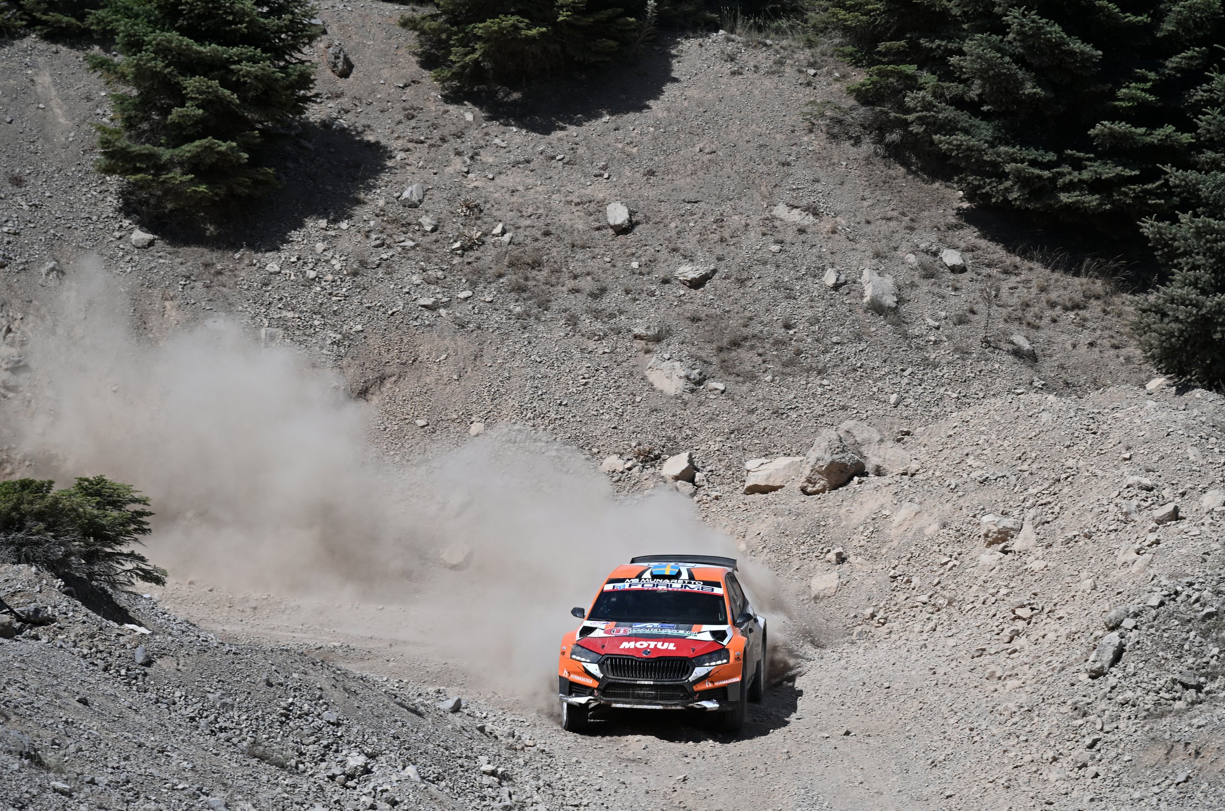 An orange rally car racing on a gravel mountain road, kicking up dust, with trees on rocky terrain.