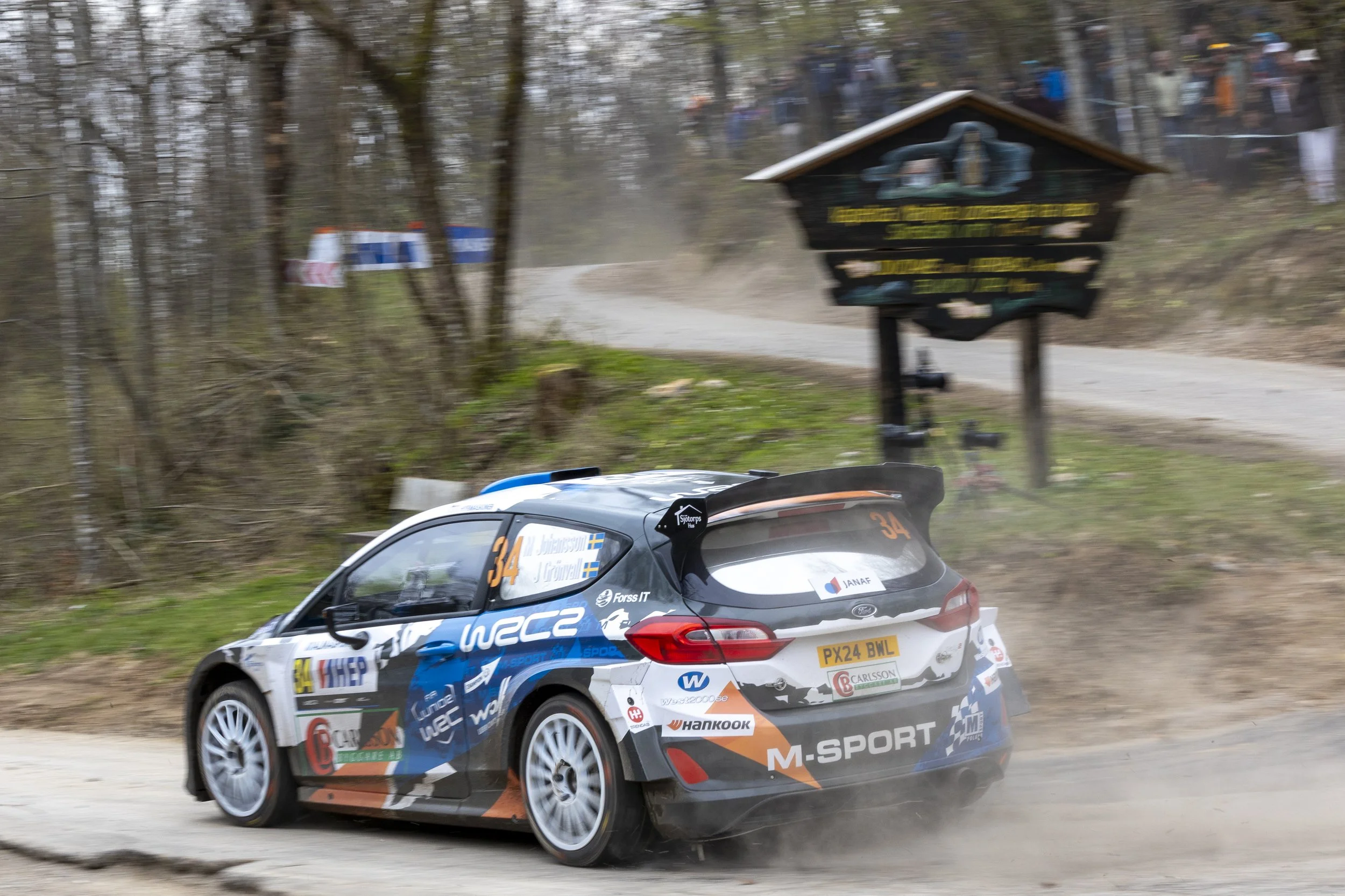 A rally car speeds along a dirt road in a forest, creating dust behind it during a race.