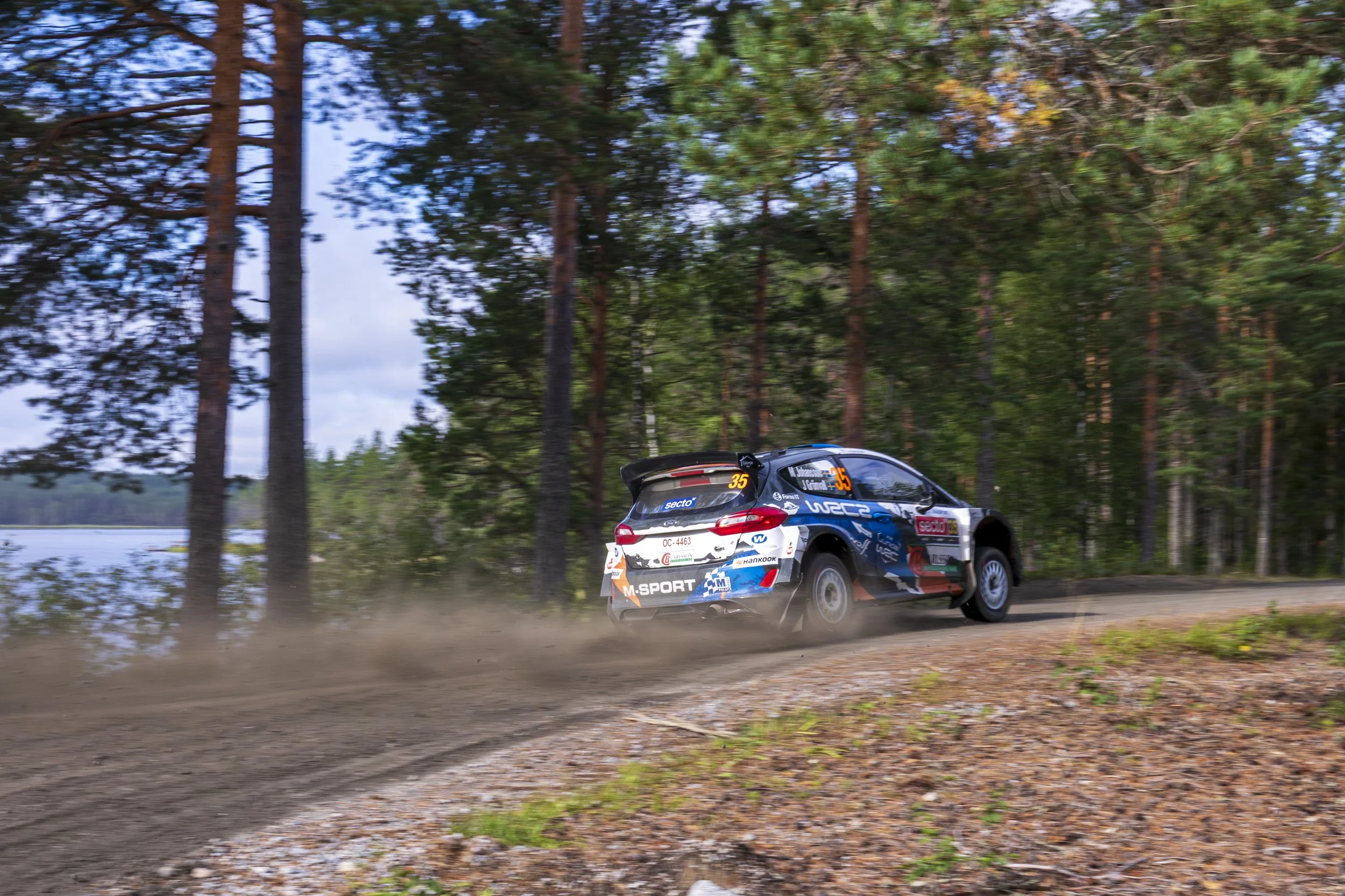 A race car speeding along a dirt road through a forested area with tall trees and green foliage, creating a trail of dust behind it.