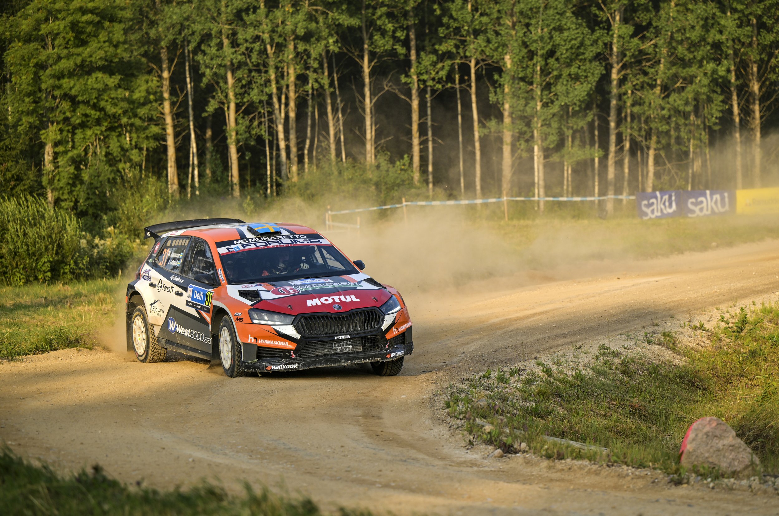 A rally car racing on a dirt track surrounded by green trees, kicking up dust as it navigates a turn.