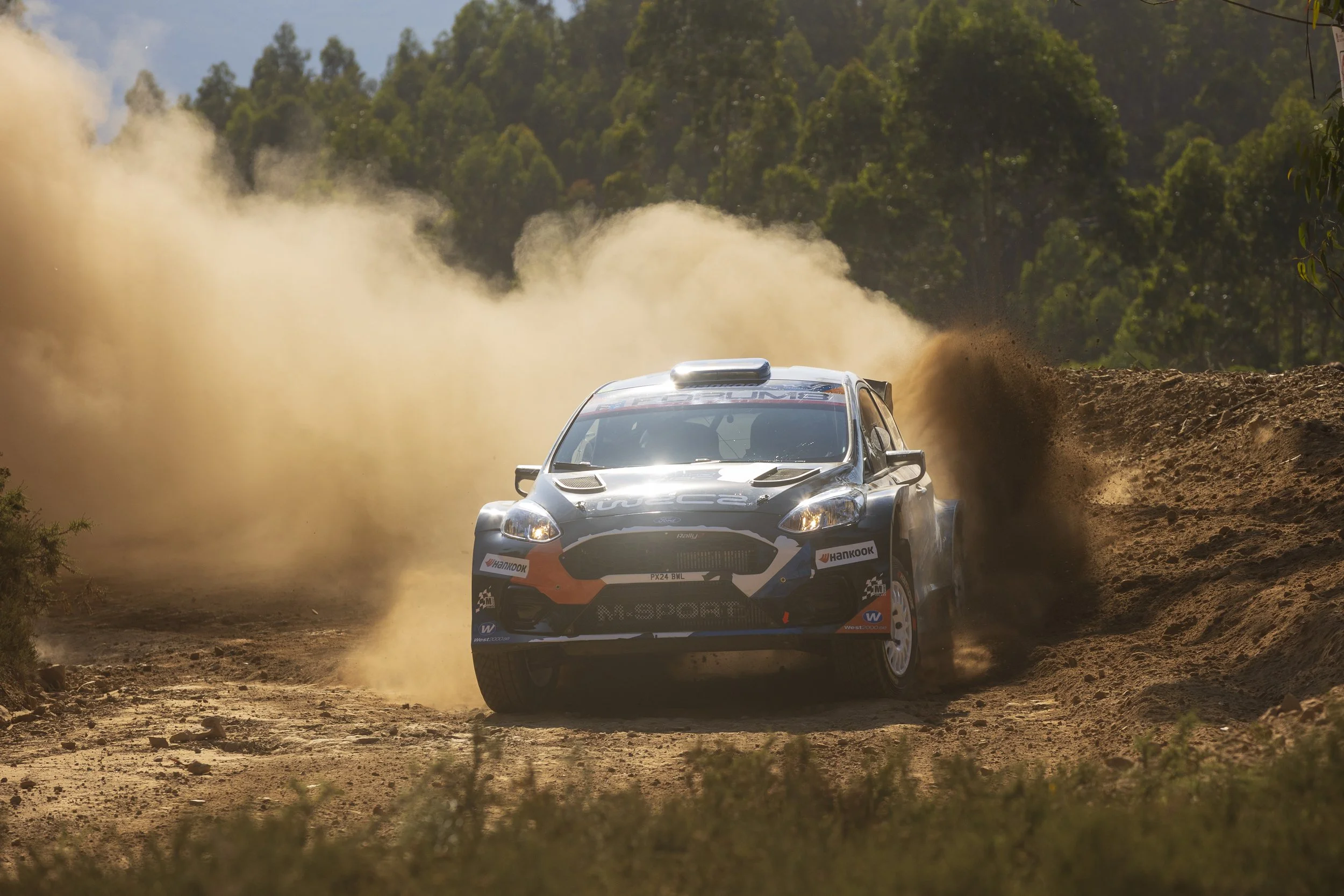 A rally car racing on a dirt track, kicking up dust and dirt as it moves through a rural, wooded area with trees in the background.