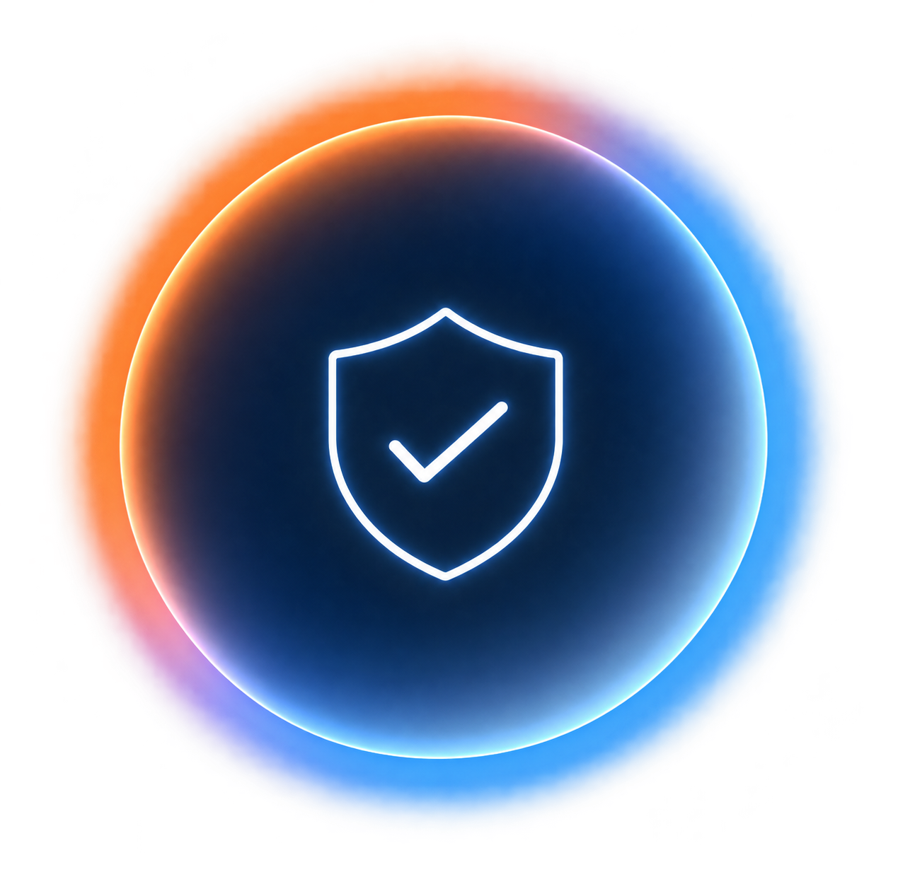 Neon security shield with checkmark symbol, glowing in white against a dark, colorful, circular background with red, orange, blue, and purple hues.