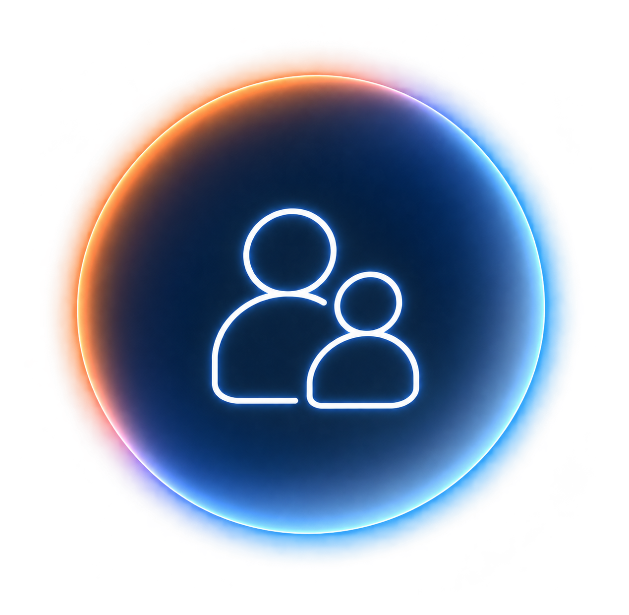 Neon outline icon of two people, one larger and one smaller, illuminated with a circular blue and red glow.
