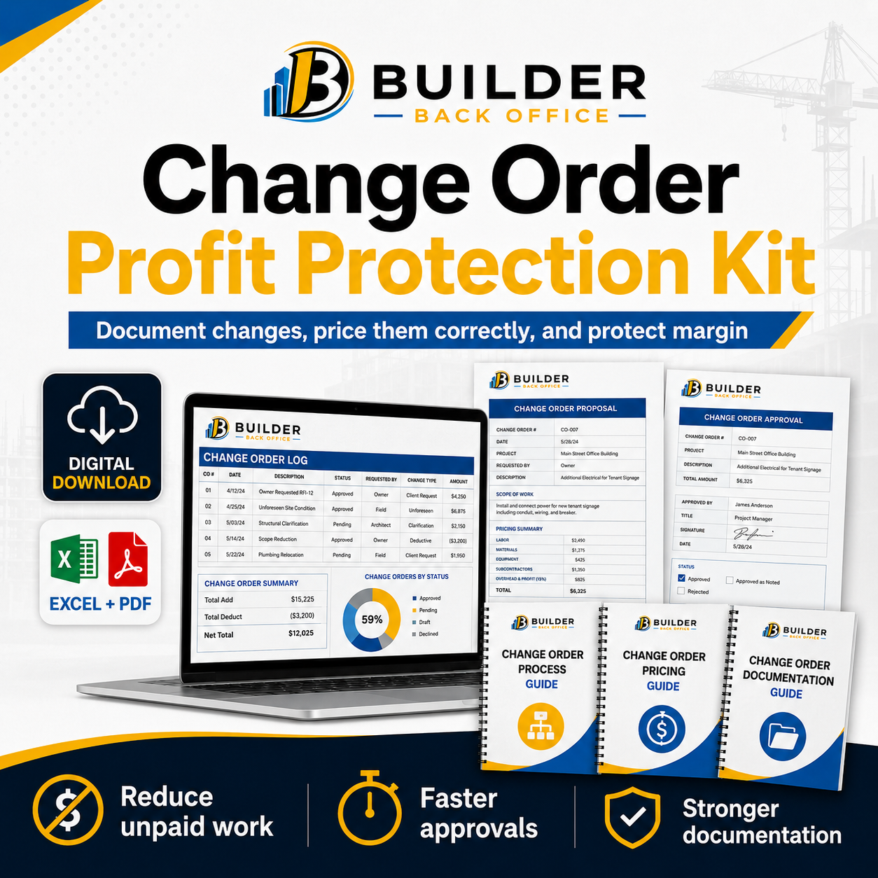 Advertisement for Builder Back Office Change Order Profit Protection Kit, including digital download options for Excel and PDF, featuring change order logs, approval forms, process, pricing, and documentation guides, highlighting benefits like reducing unpaid work, faster approvals, and stronger documentation.