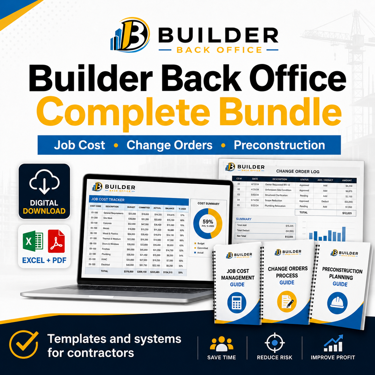 Promotional flyer for Builder Back Office Complete Bundle. It features software templates and systems for contractors, including job cost tracking, change orders, and preconstruction planning, available for digital download in Excel and PDF formats.