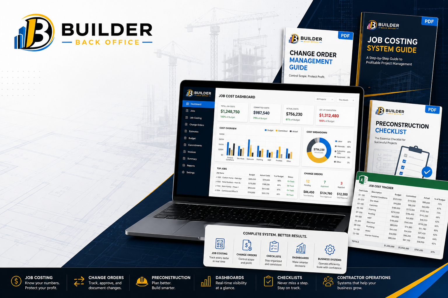 An advertisement for Builder Back Office software featuring a laptop with a dashboard on the screen, and various guidebooks and checklists on construction project management.