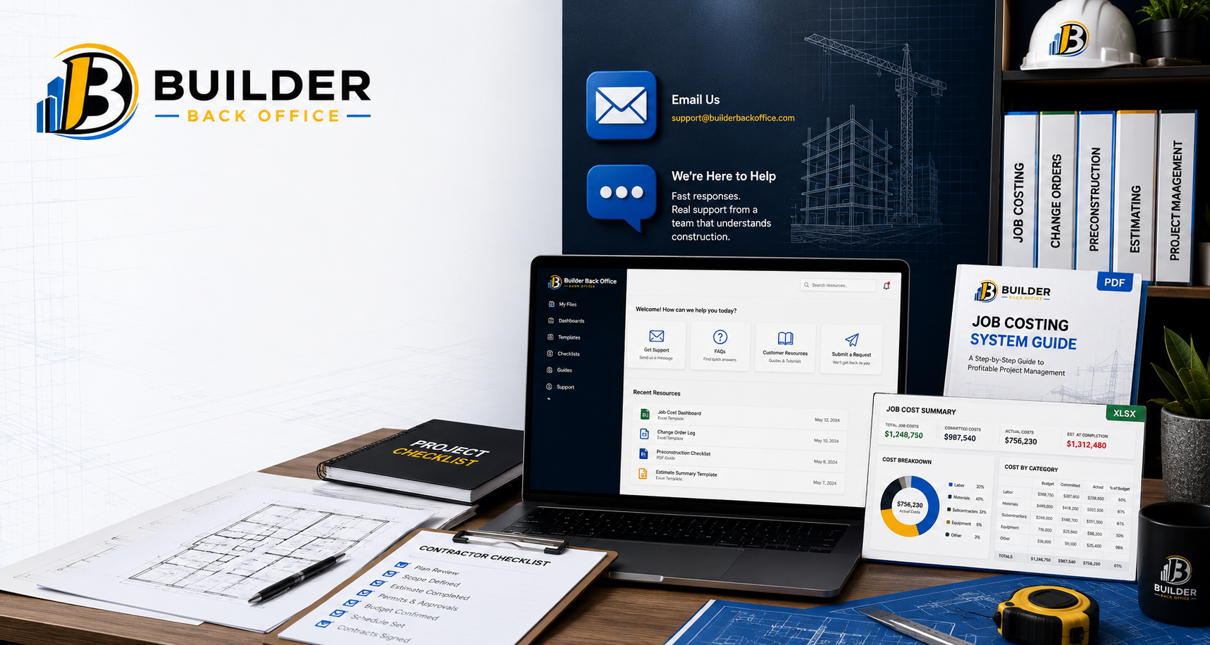 Office desk with construction and project management materials, including a laptop displaying a software dashboard, blueprints, a contractor checklist, documents, a cup with the company logo, a tape measure, and a wall with construction-related posters and binders.