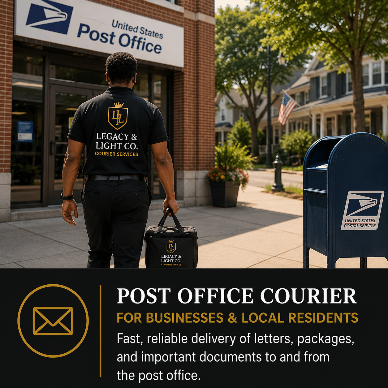 A courier wearing a black shirt and pants carrying a bag walking towards a U.S. Post Office entrance with a blue mailbox nearby, in a neighborhood with houses and trees.