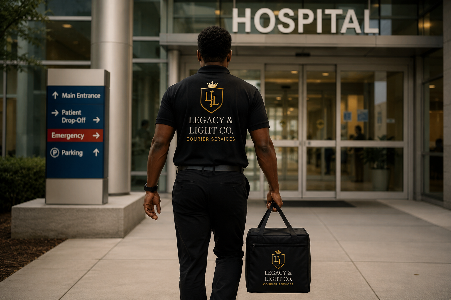 A courier from Legacy & Light Co. walking towards a hospital entrance, carrying a black courier bag, with a sign indicating hospital directions nearby.