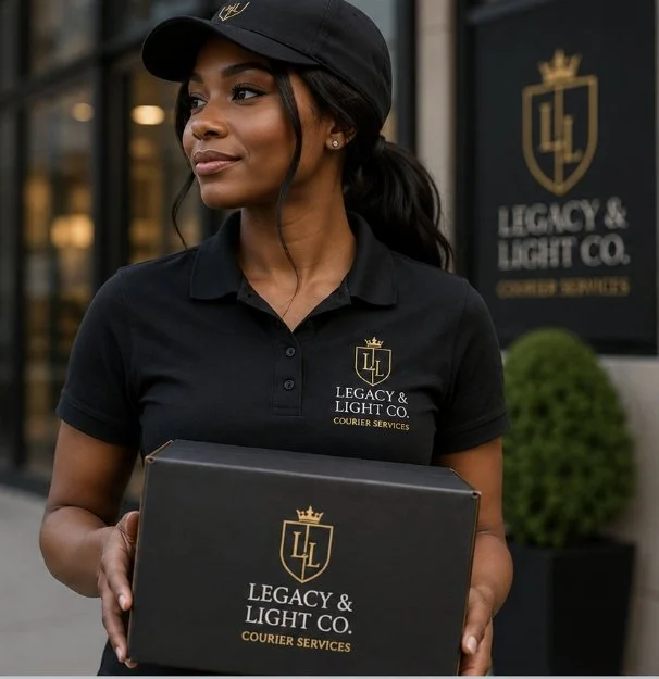 A young woman in a black polo shirt and cap holding a delivery box outside a courier service business with a black and gold logo reading "Legacy & Light Co."