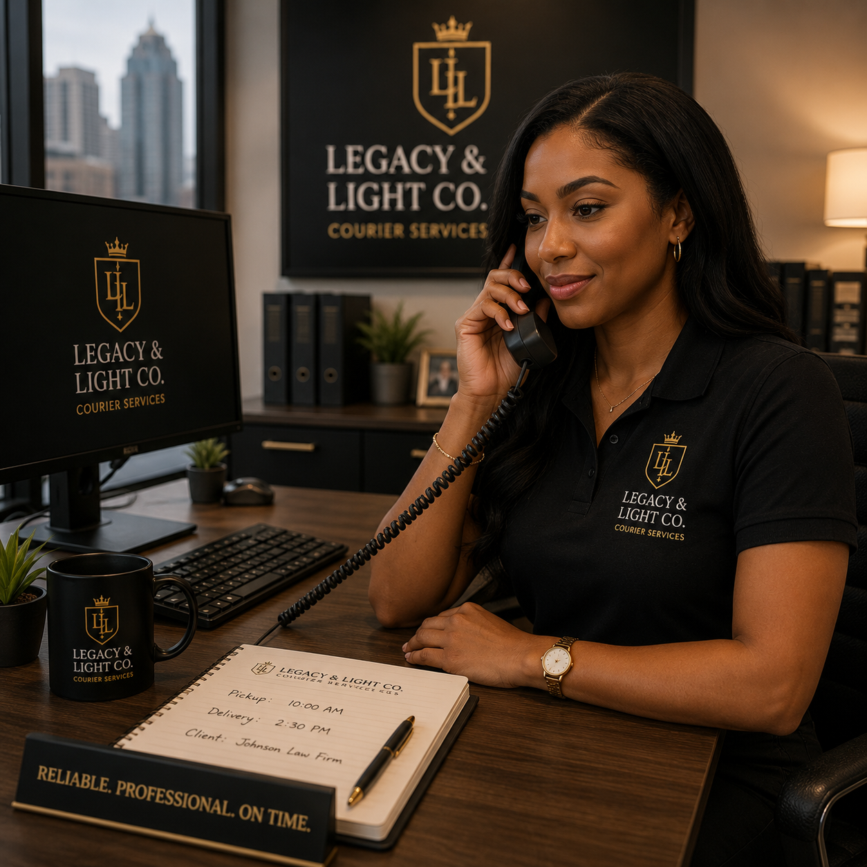 A woman in a black polo shirt with the Legacy & Light Co. logo talking on a landline phone at her office desk. The desk has a computer, a keyboard, a black mug, a notepad, a pen, and small potted plants. Behind her are windows, a framed logo, and office items.