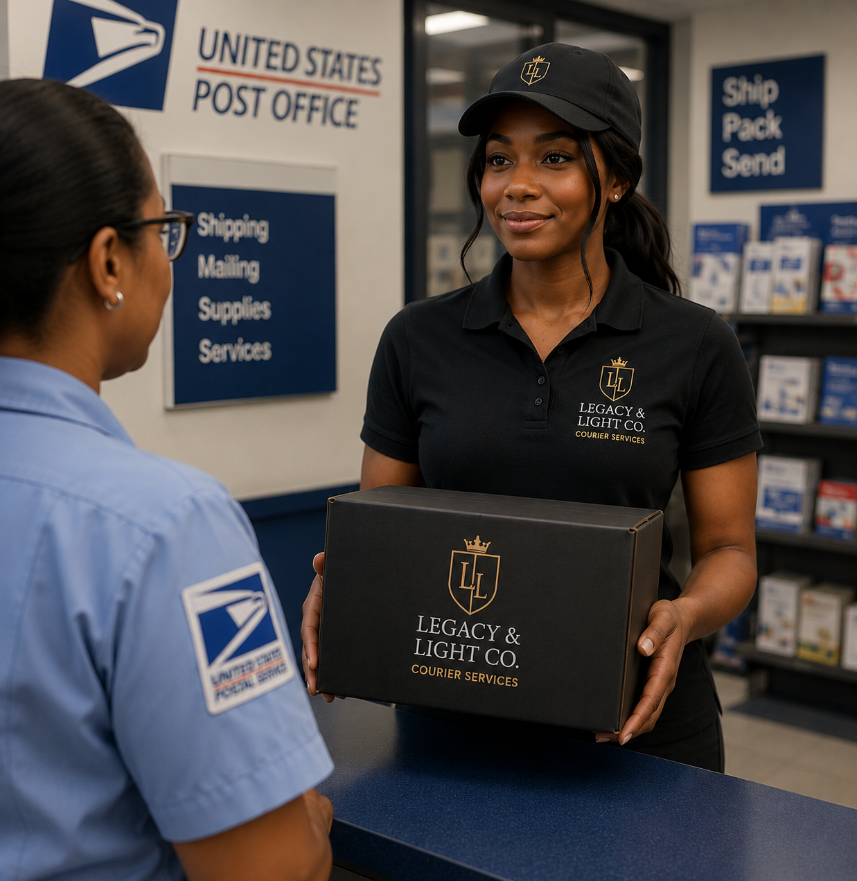 A woman wearing a black cap and black polo shirt with 'Legacy & Light Co.' logo hands a black box with the same logo to a postal worker in a light blue uniform at a USPS post office counter.