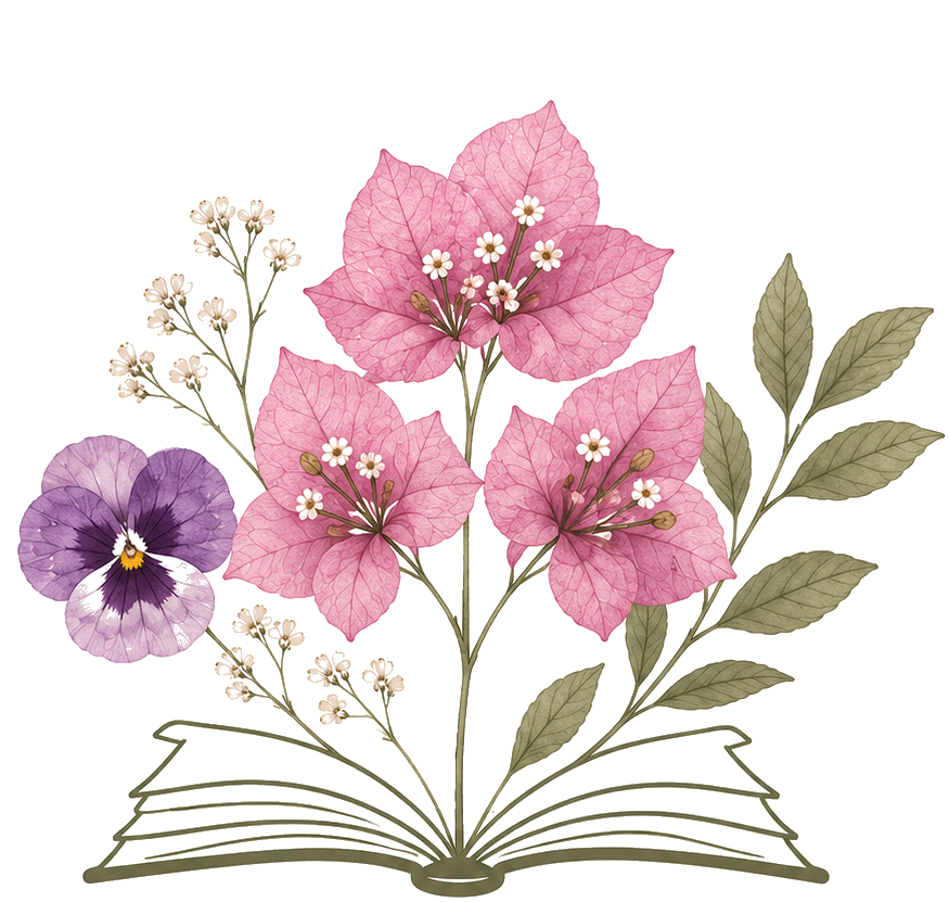 Ilustración de flores de diferentes colores y tipos, incluyendo rosas, violetas y hojas verdes.