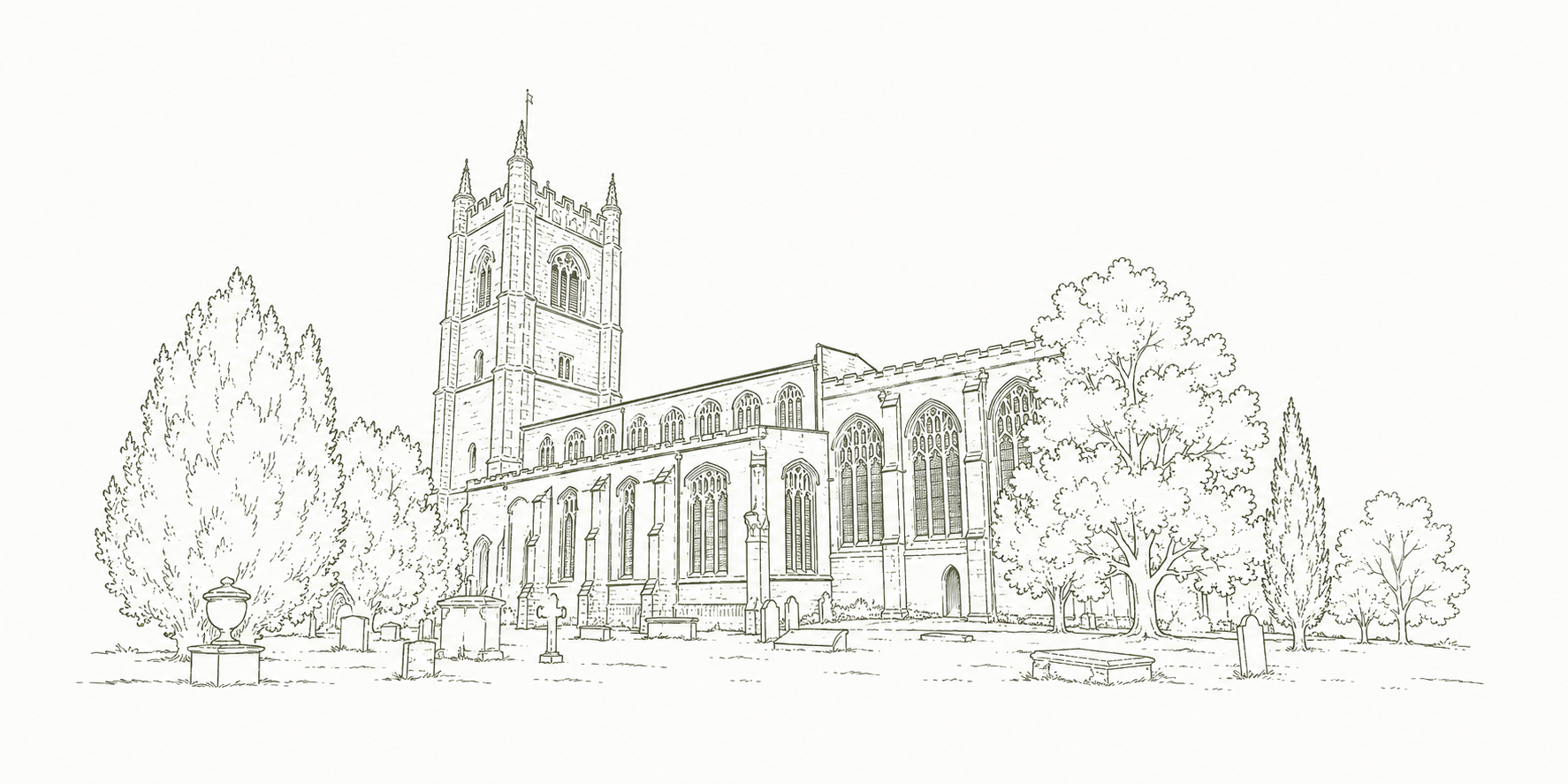 Sketch of a historic church with tall steeple, stained glass windows, surrounding trees, and a graveyard in the foreground.